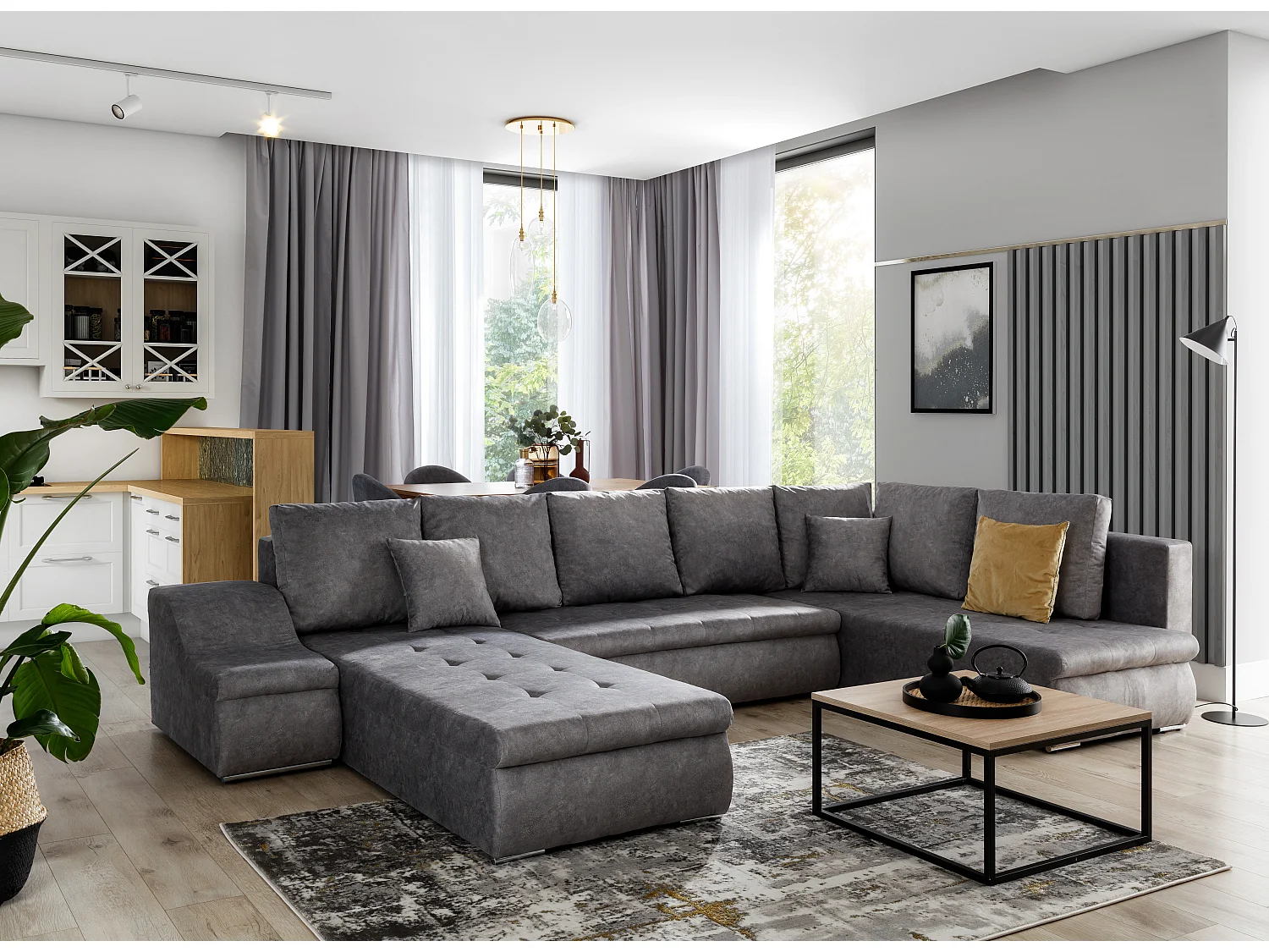 Canapé panoramique convertible JONAZ simili cuir, tissu - Rangement integré-Gris/Gris foncé-Méridienne A droite