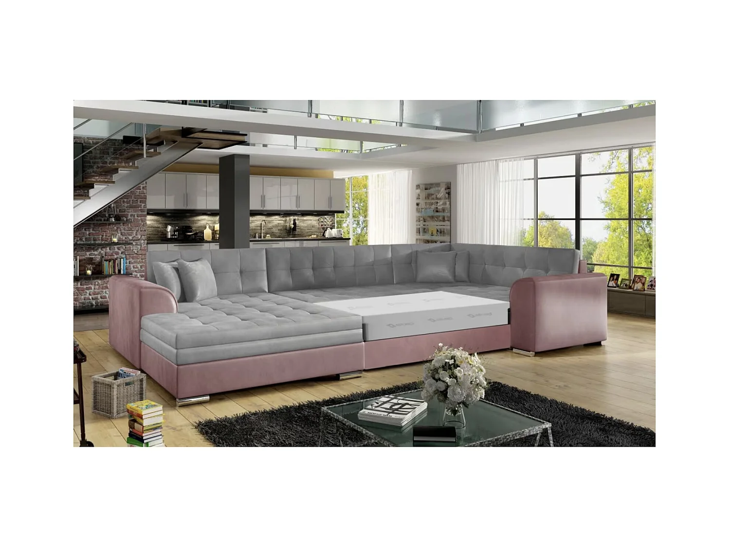 Canapé panoramique convertible DIANO velours-Rose/Gris clair-Méridienne A gauche