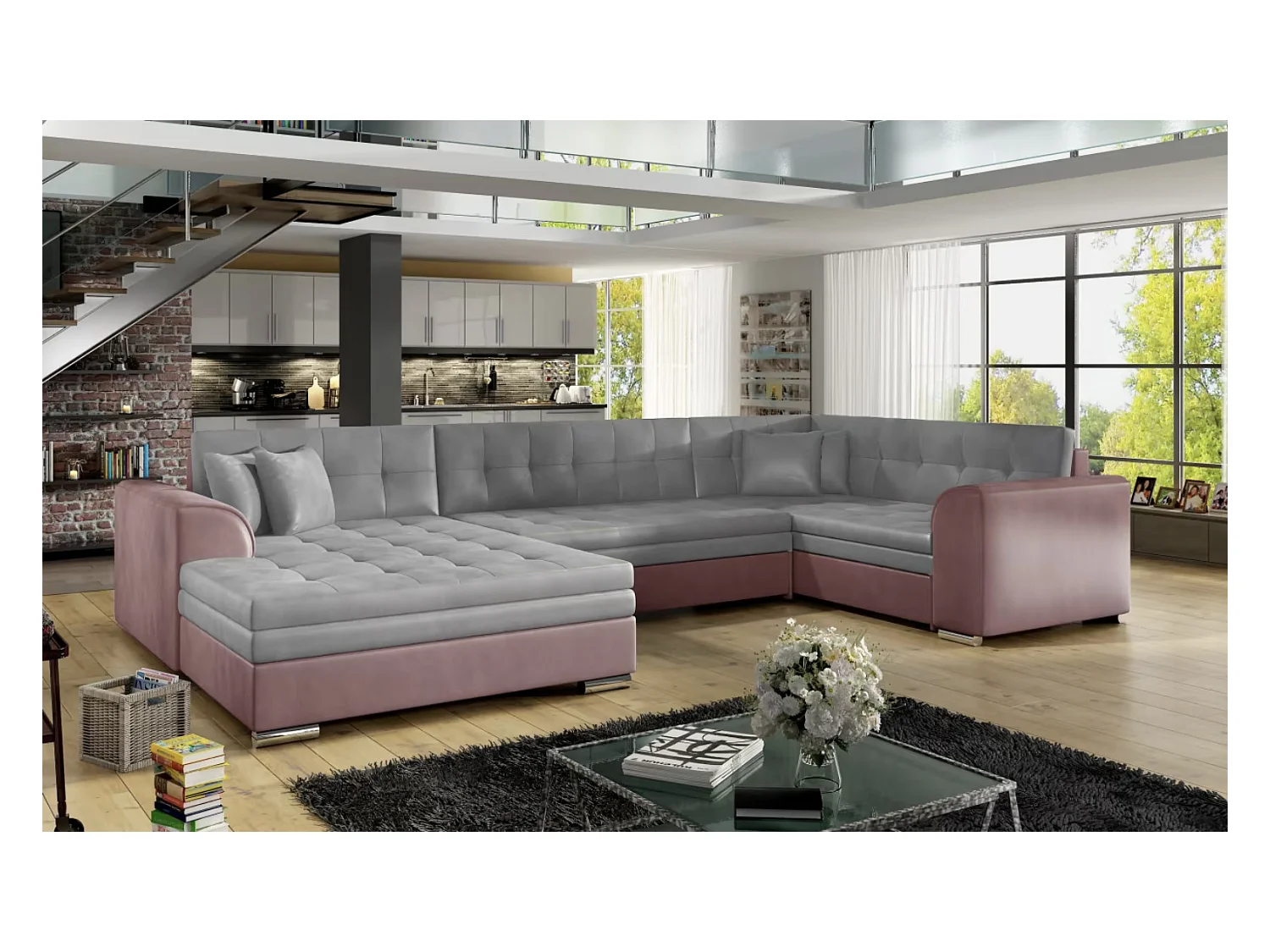 Canapé panoramique convertible DIANO velours-Rose/Gris clair-Méridienne A gauche