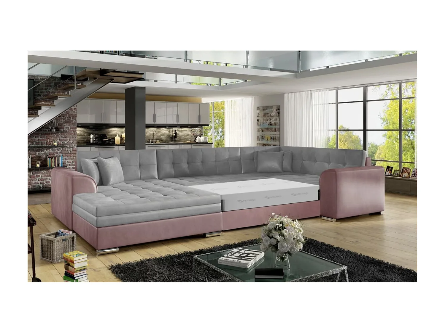 Canapé panoramique convertible DIANO velours-Rose/Gris clair-Méridienne A gauche