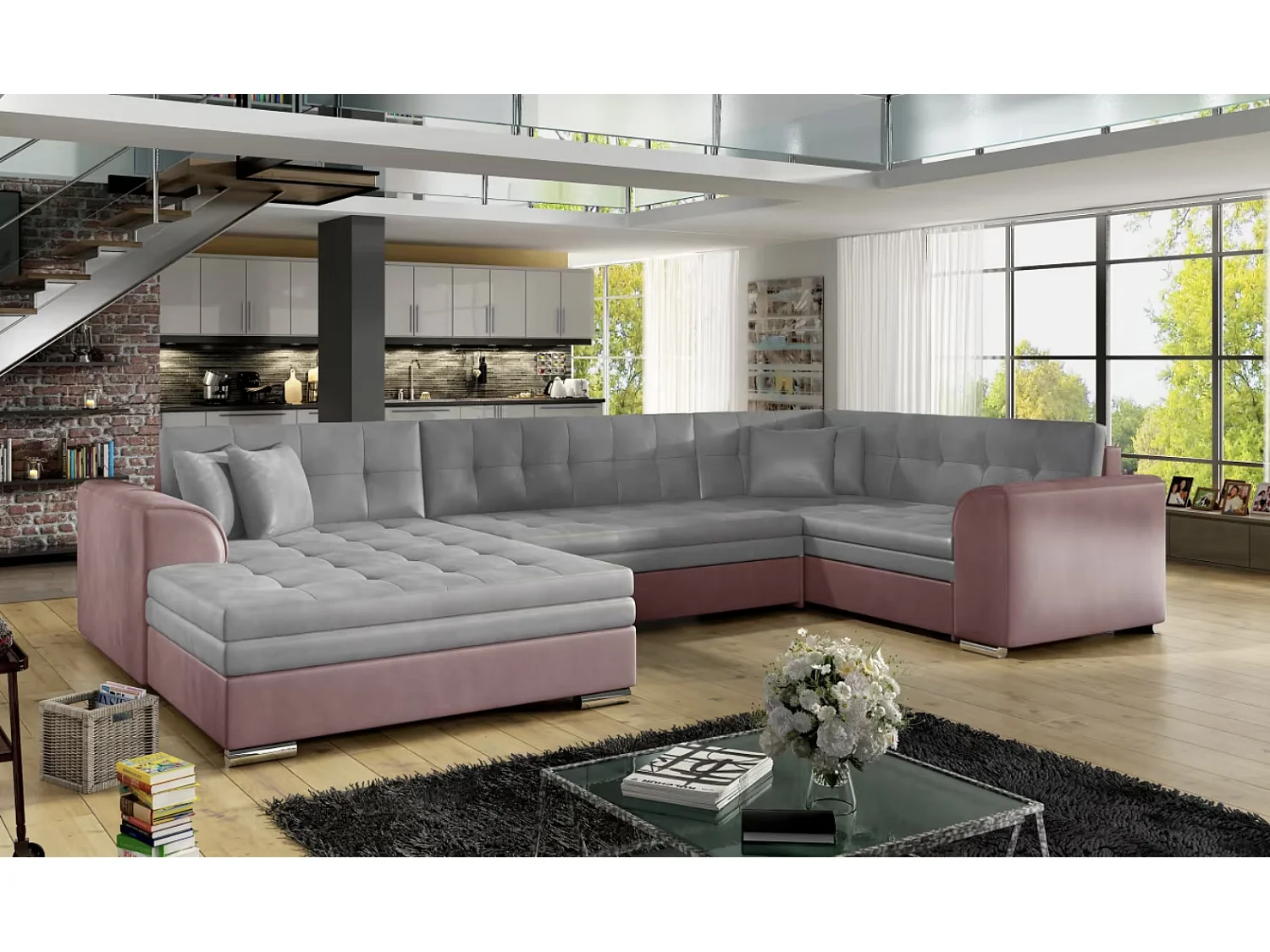 Canapé panoramique convertible DIANO velours-Rose/Gris clair-Méridienne A gauche