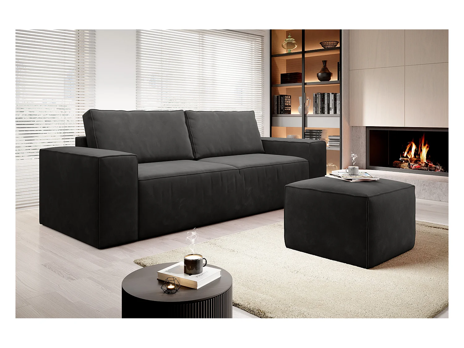 Grand canapé convertible en tissu WILACE - Confort moderne et élégant-Noir