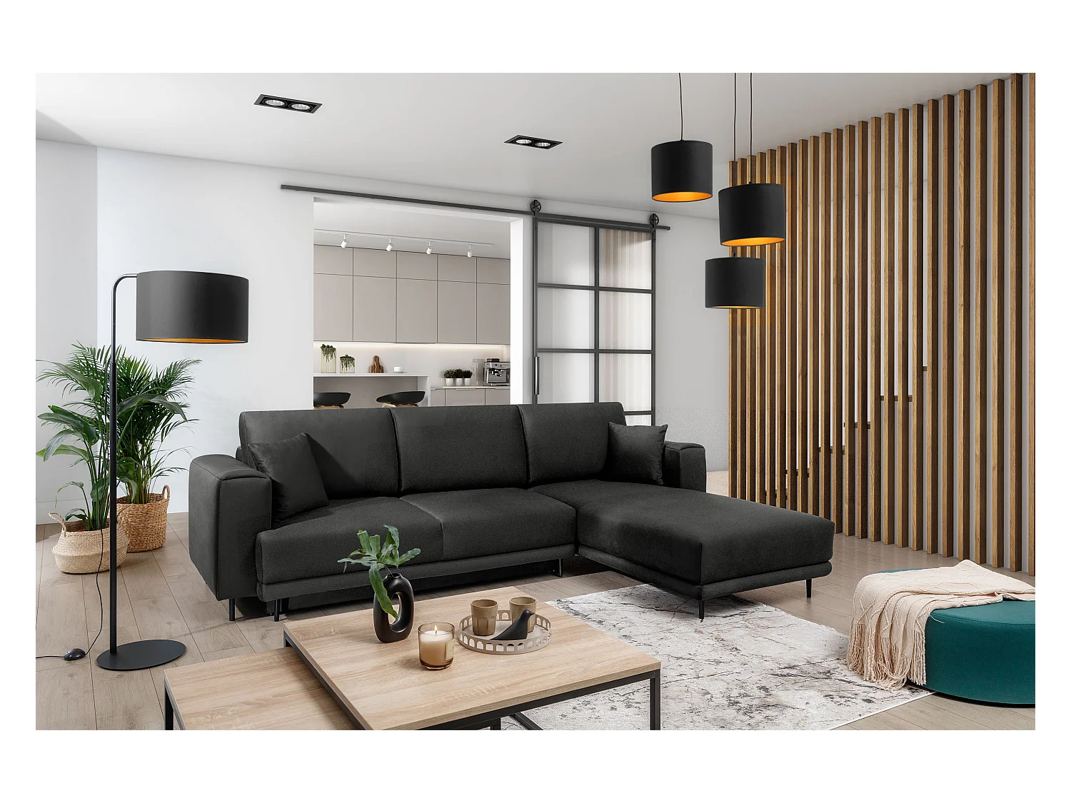 Canapé d'angle convertible velours DAVINA - Coffre et pieds métal noir-Gris anthracite-angle droit