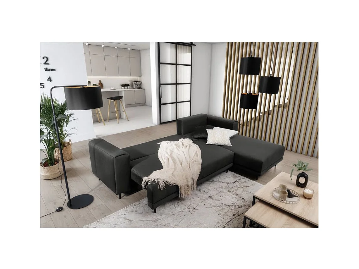 Canapé d'angle convertible velours DAVINA - Coffre et pieds métal noir-Gris anthracite-angle droit