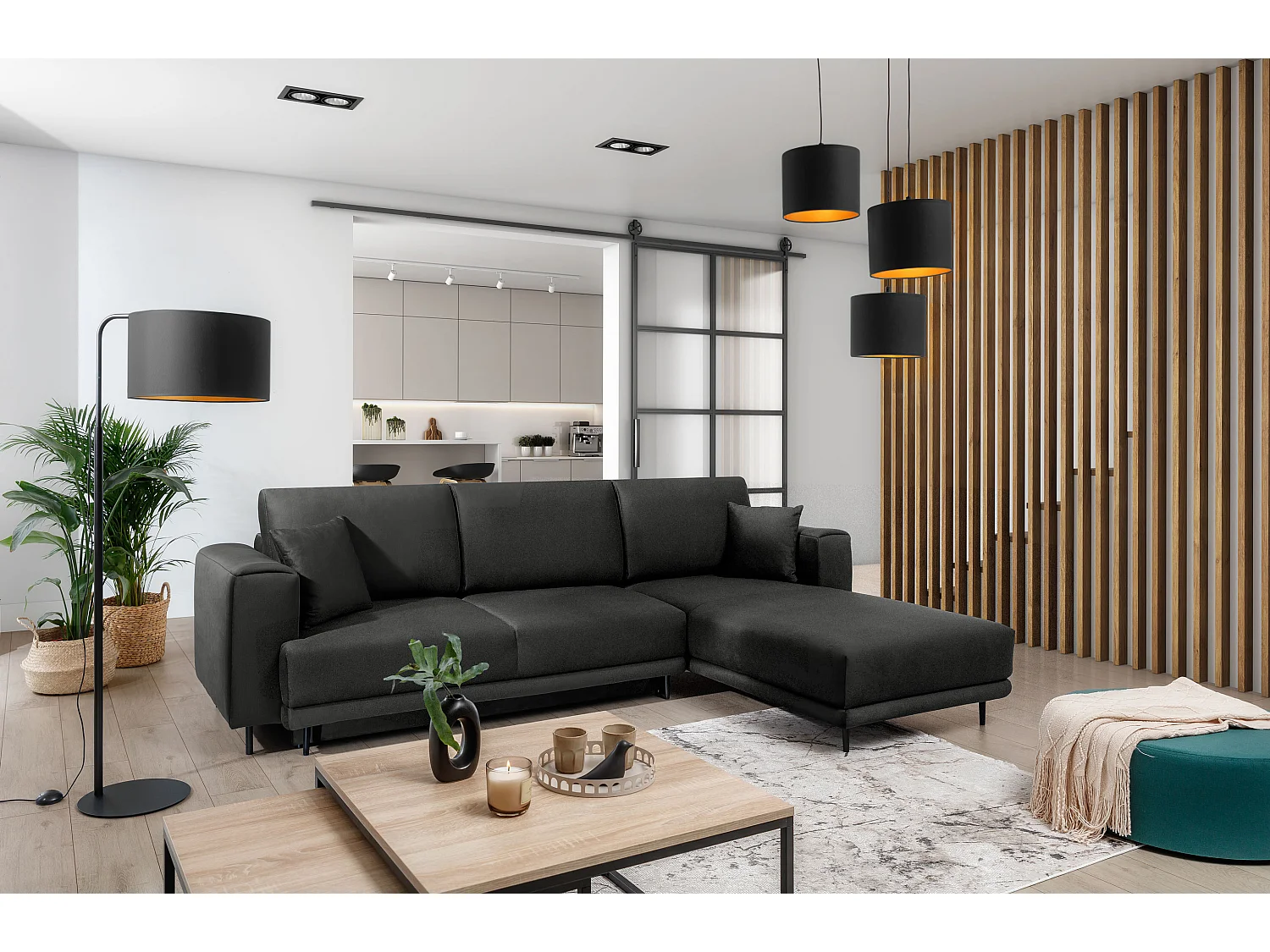 Canapé d'angle convertible velours DAVINA - Coffre et pieds métal noir-Gris anthracite-angle droit