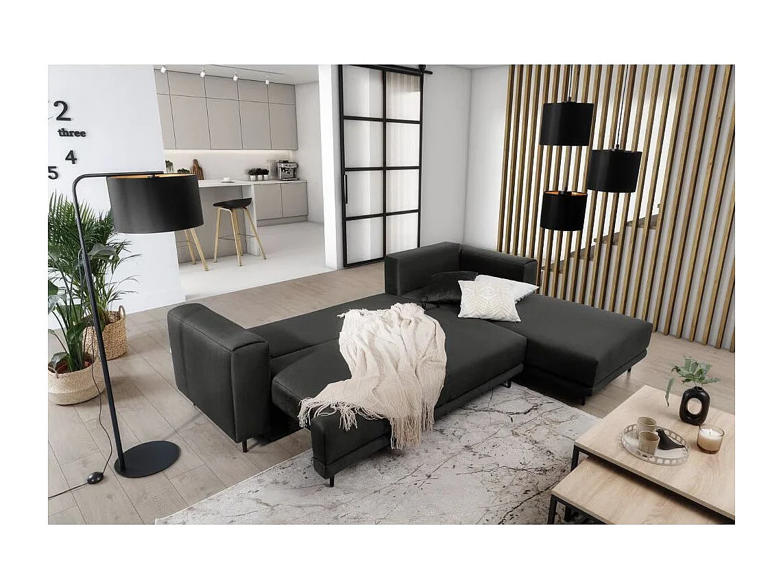 Canapé d'angle convertible velours DAVINA - Coffre et pieds métal noir-Gris anthracite-angle droit