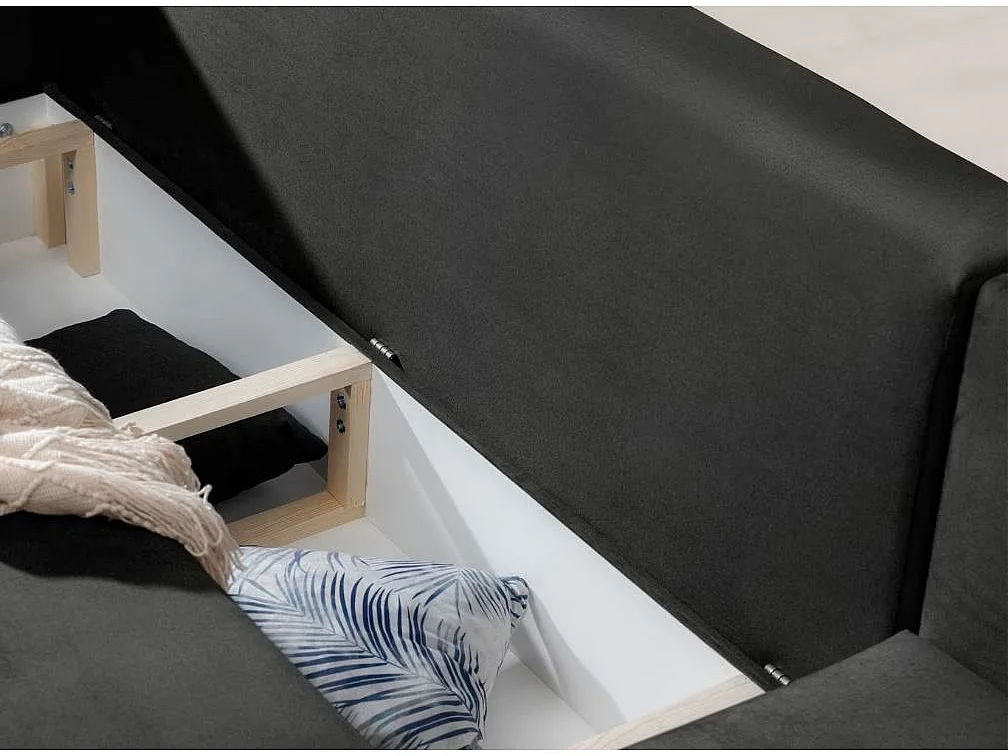 Canapé d'angle convertible velours DAVINA - Coffre et pieds métal noir-Gris anthracite-angle droit