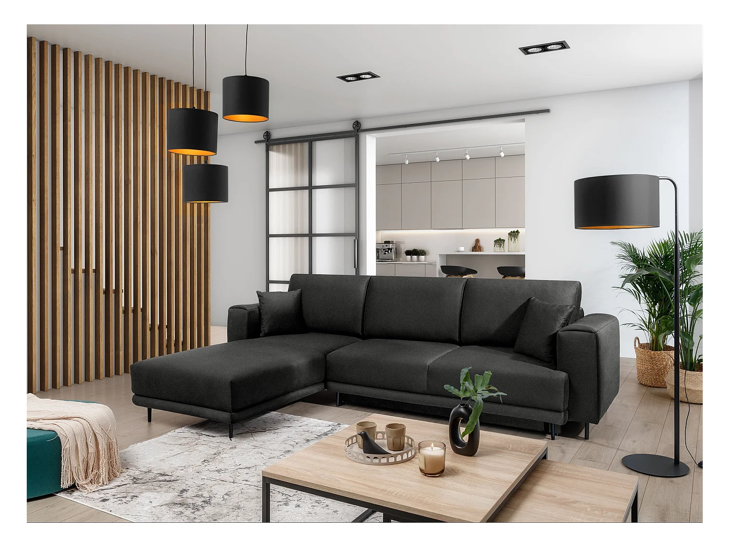 Canapé d'angle convertible velours DAVINA - Coffre et pieds métal noir-Gris anthracite-angle gauche