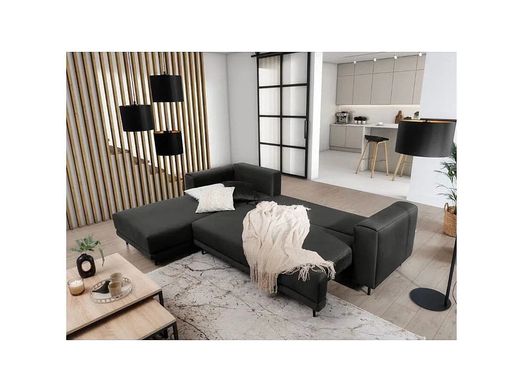 Canapé d'angle convertible velours DAVINA - Coffre et pieds métal noir-Gris anthracite-angle gauche