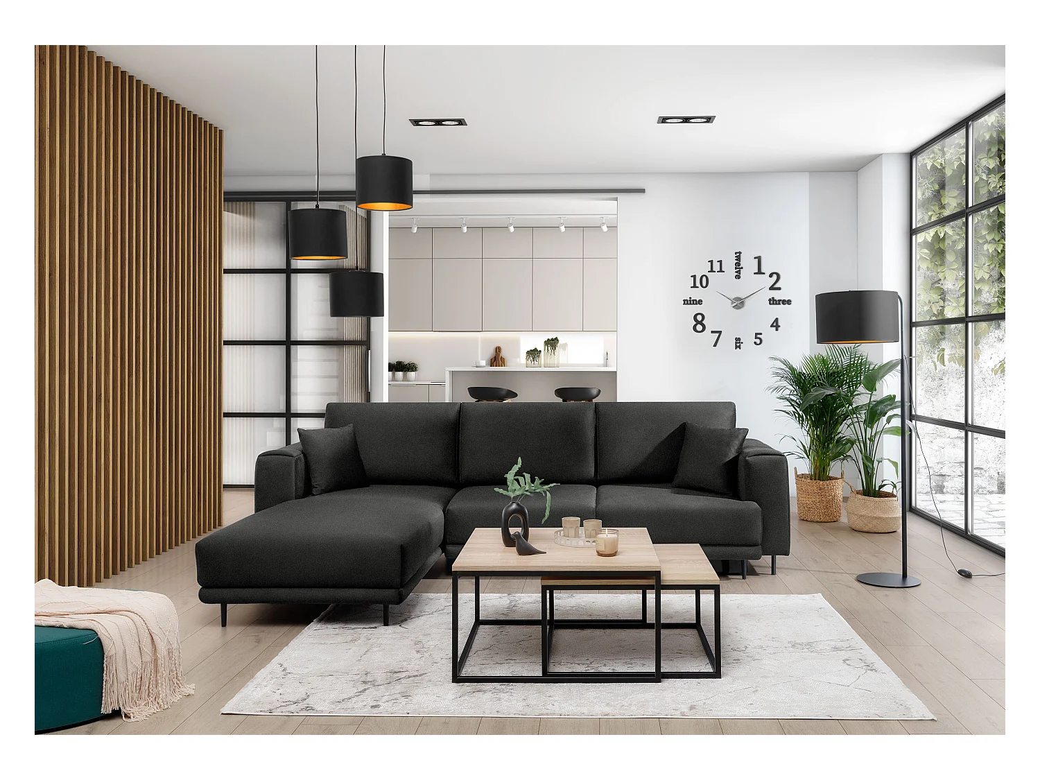 Canapé d'angle convertible velours DAVINA - Coffre et pieds métal noir-Gris anthracite-angle gauche