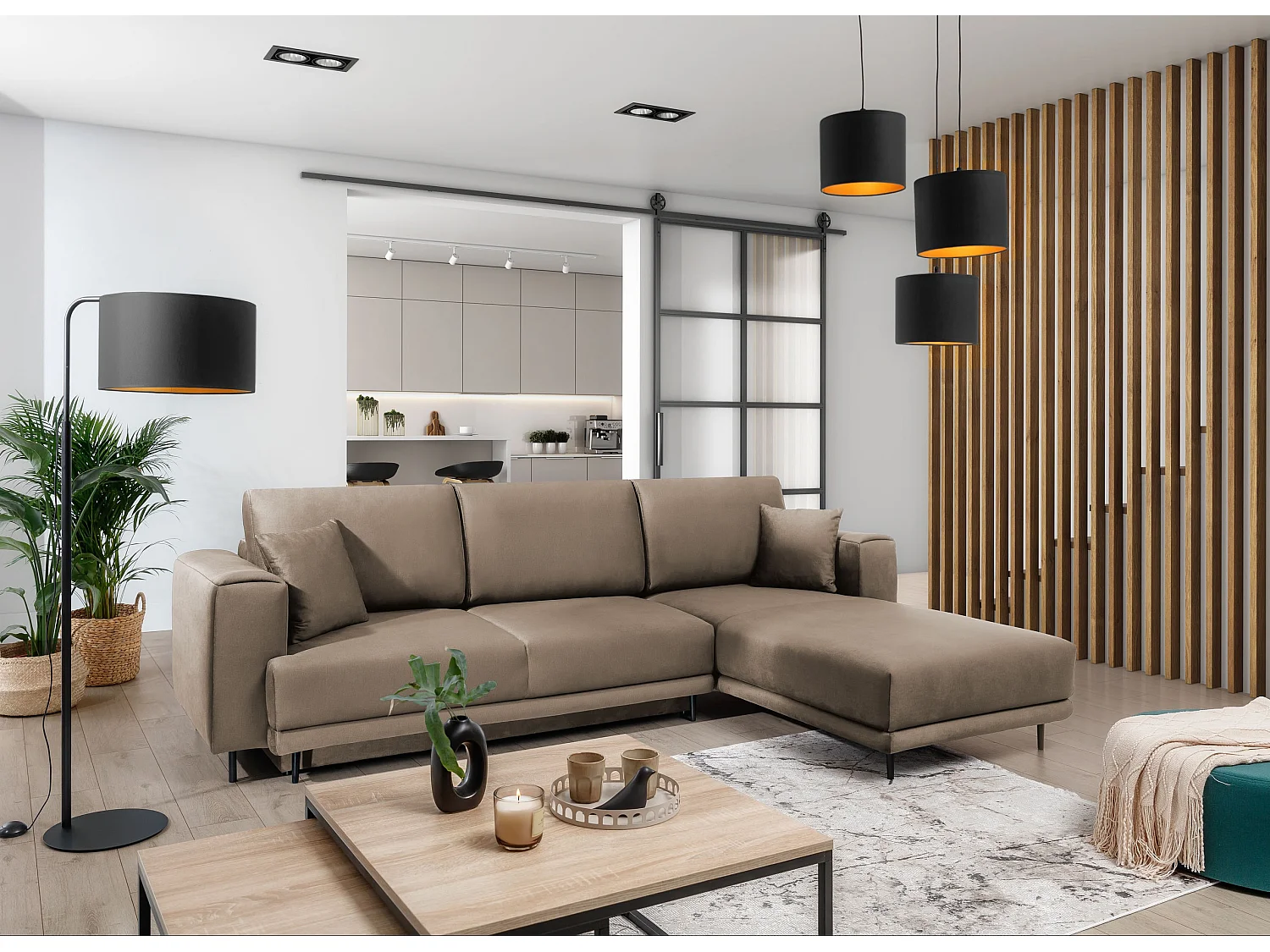 Canapé d'angle convertible velours DAVINA - Coffre et pieds métal noir-Gris anthracite-angle gauche