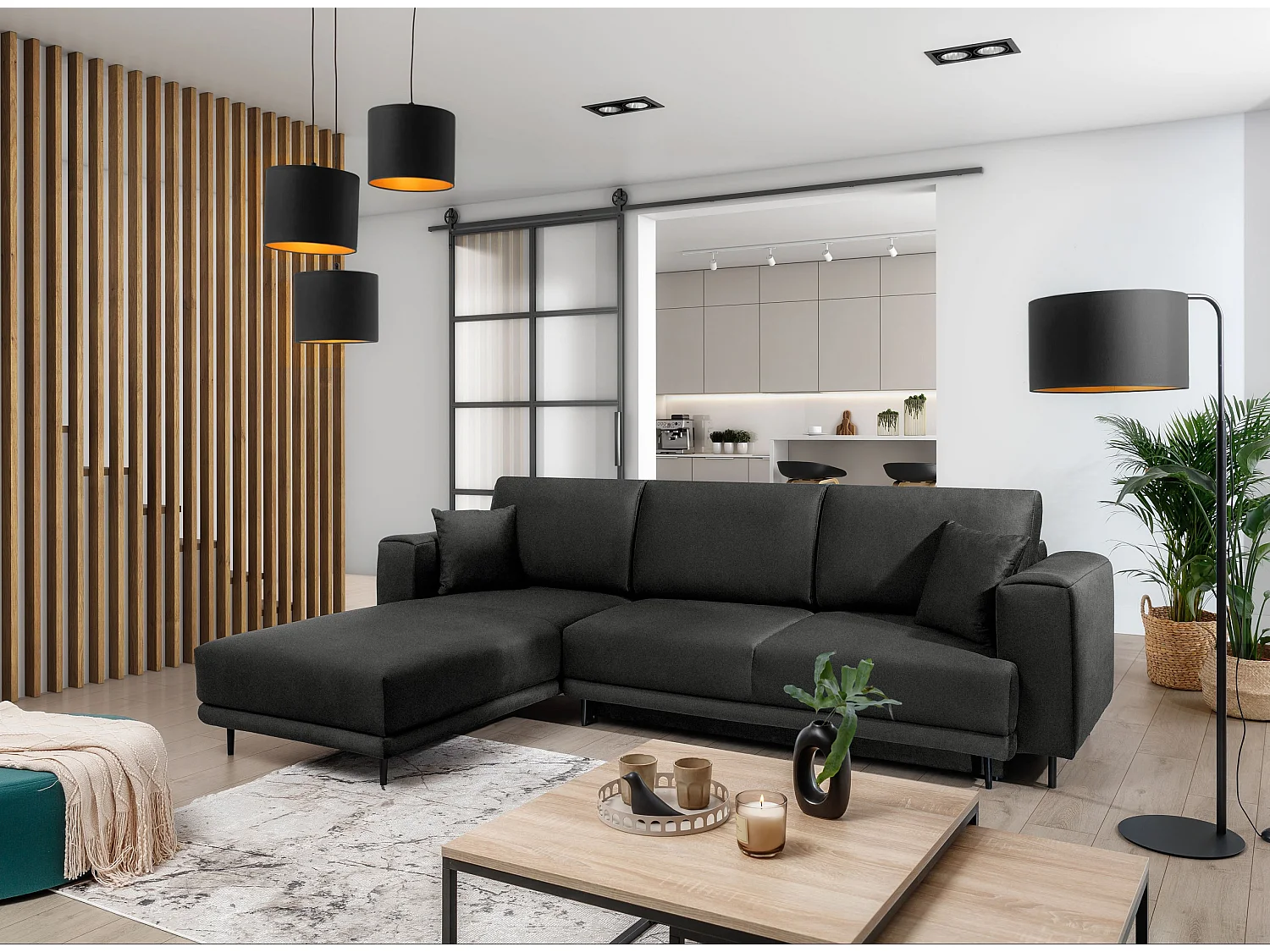 Canapé d'angle convertible velours DAVINA - Coffre et pieds métal noir-Gris anthracite-angle gauche