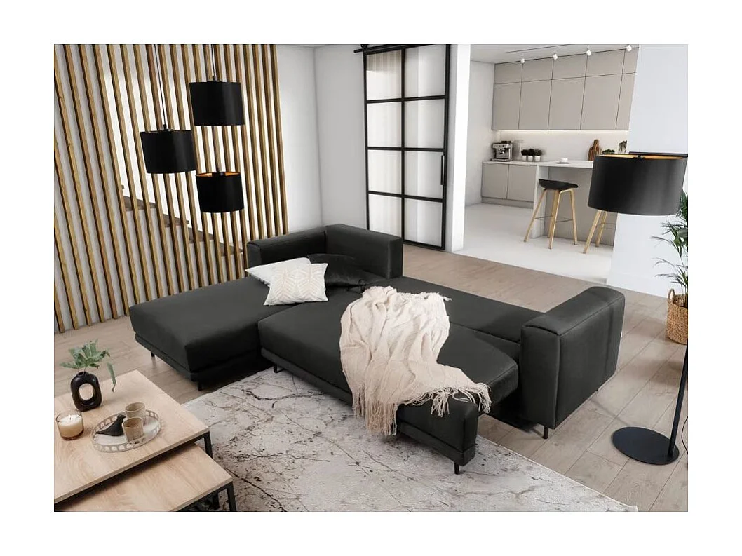 Canapé d'angle convertible velours DAVINA - Coffre et pieds métal noir-Gris anthracite-angle gauche