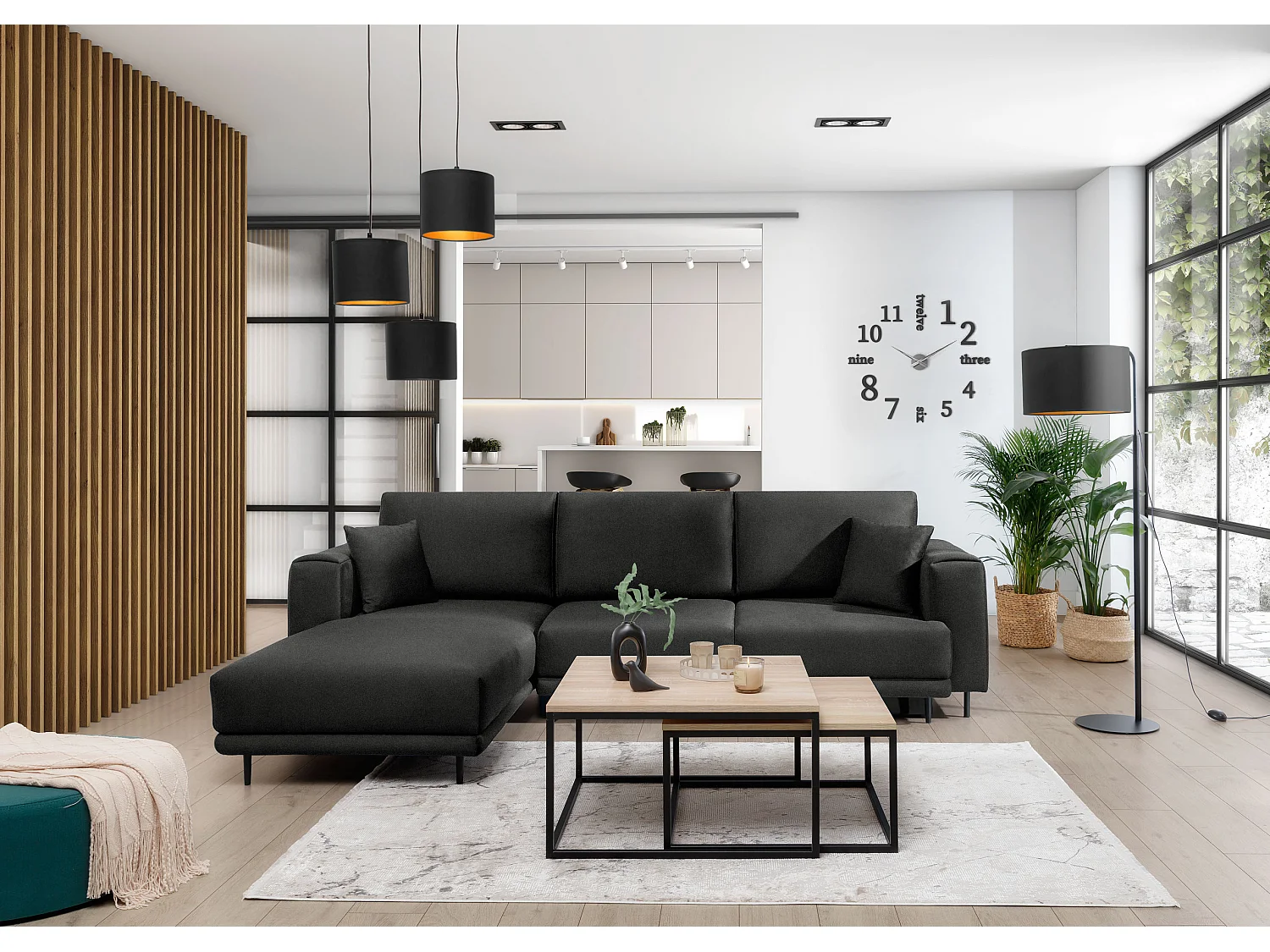 Canapé d'angle convertible velours DAVINA - Coffre et pieds métal noir-Gris anthracite-angle gauche