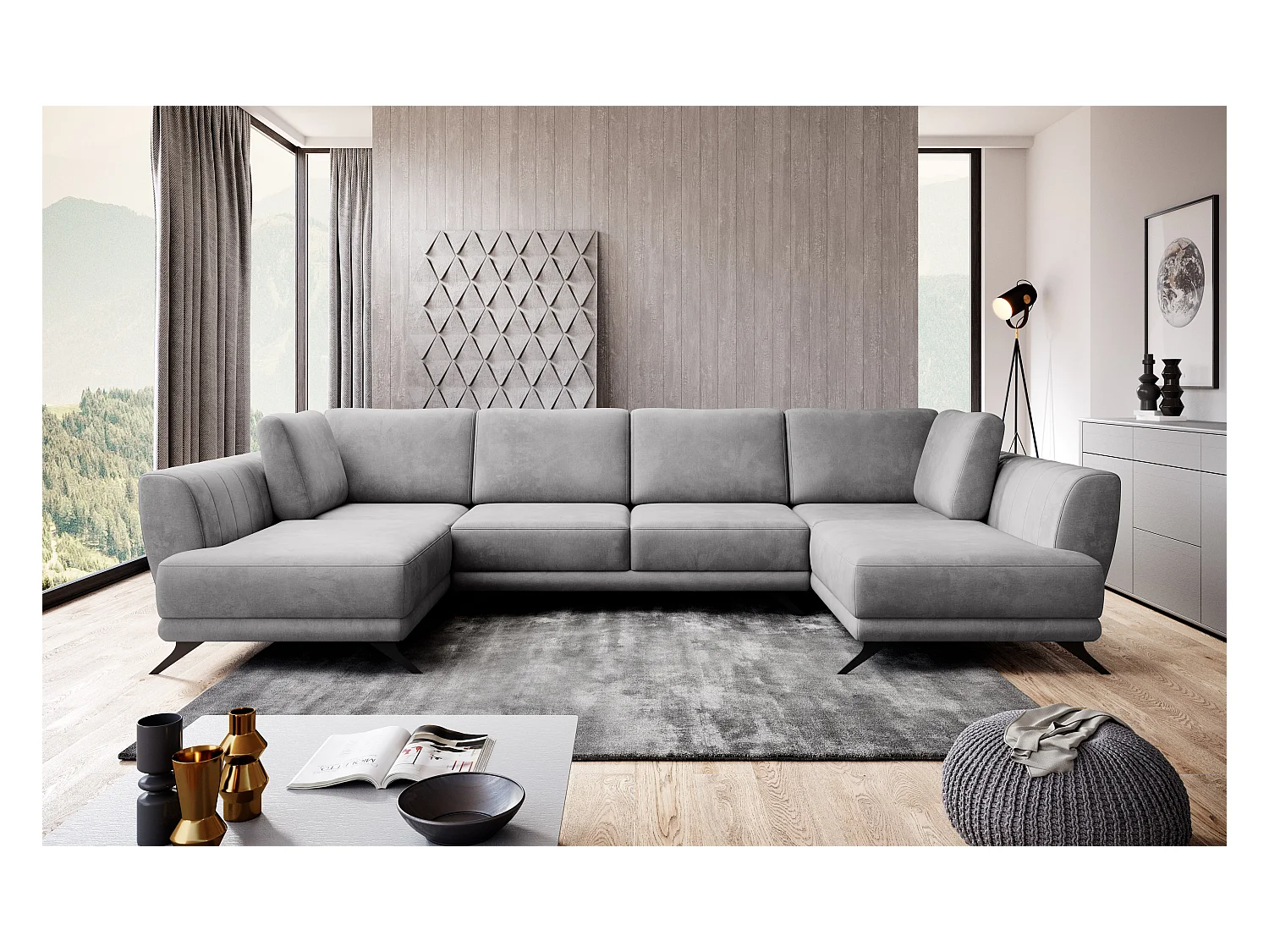 LARGOS panoramische slaapbank - Onweerstaanbaar gezellig fluweel-Kleur Lichtgrijs