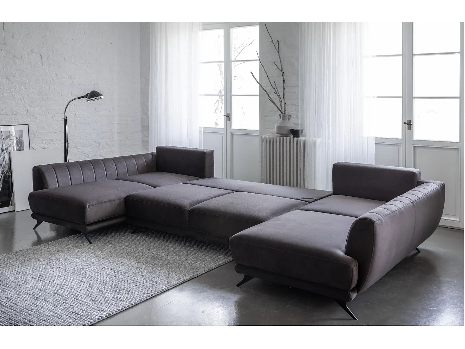 Canapé panoramique convertible LARGOS - Velours irrésistiblement douillet-Gris clair