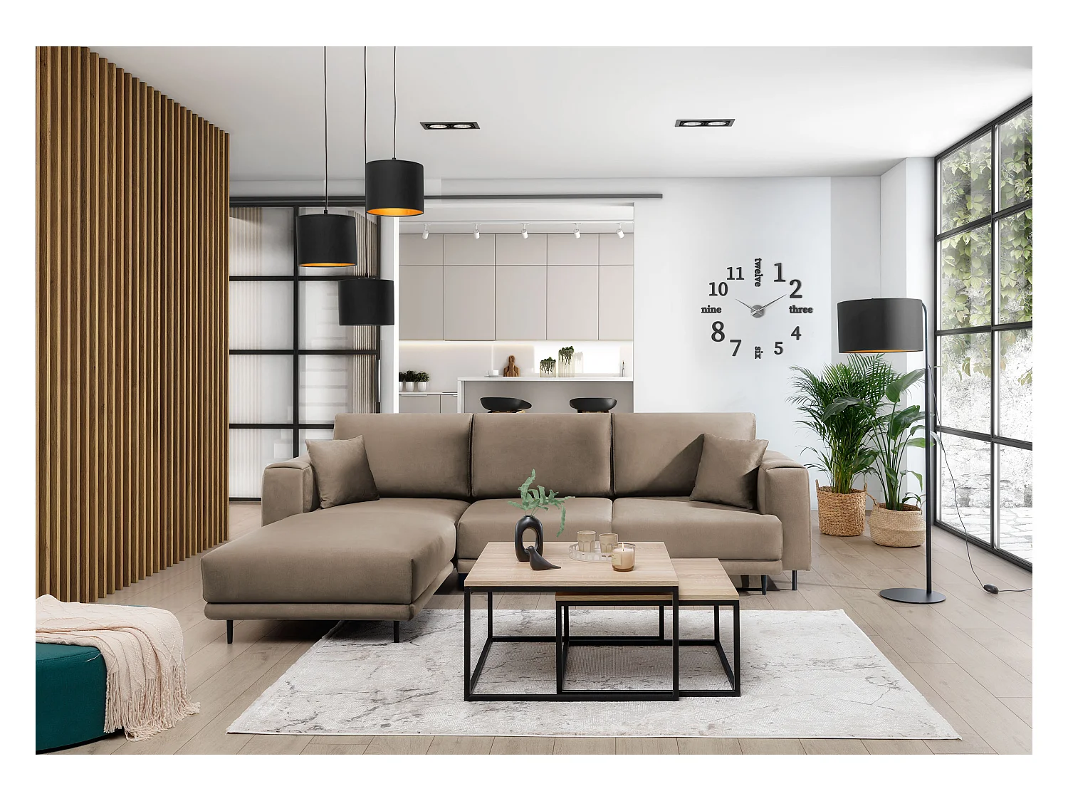 Canapé d'angle convertible velours DAVINA - Coffre et pieds métal noir-Marron clair-angle gauche