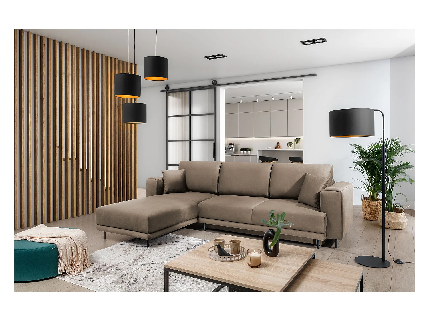 Canapé d'angle convertible velours DAVINA - Coffre et pieds métal noir-Marron clair-angle gauche