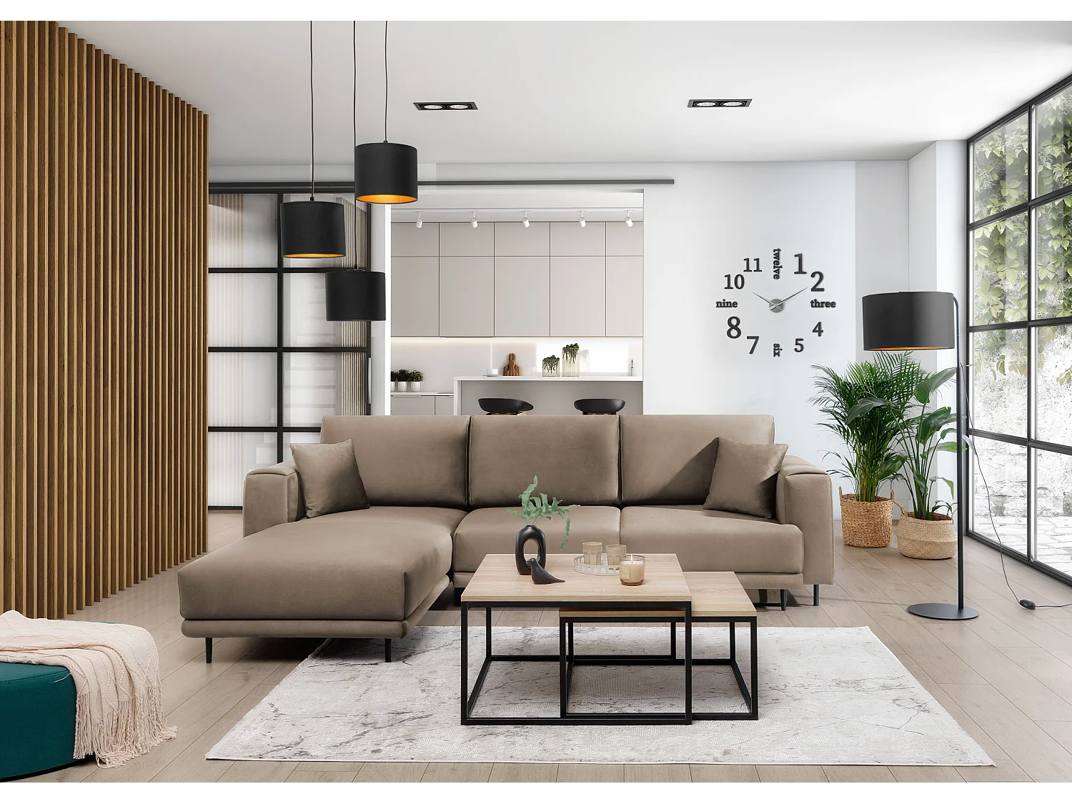 Canapé d'angle convertible velours DAVINA - Coffre et pieds métal noir-Marron clair-angle gauche