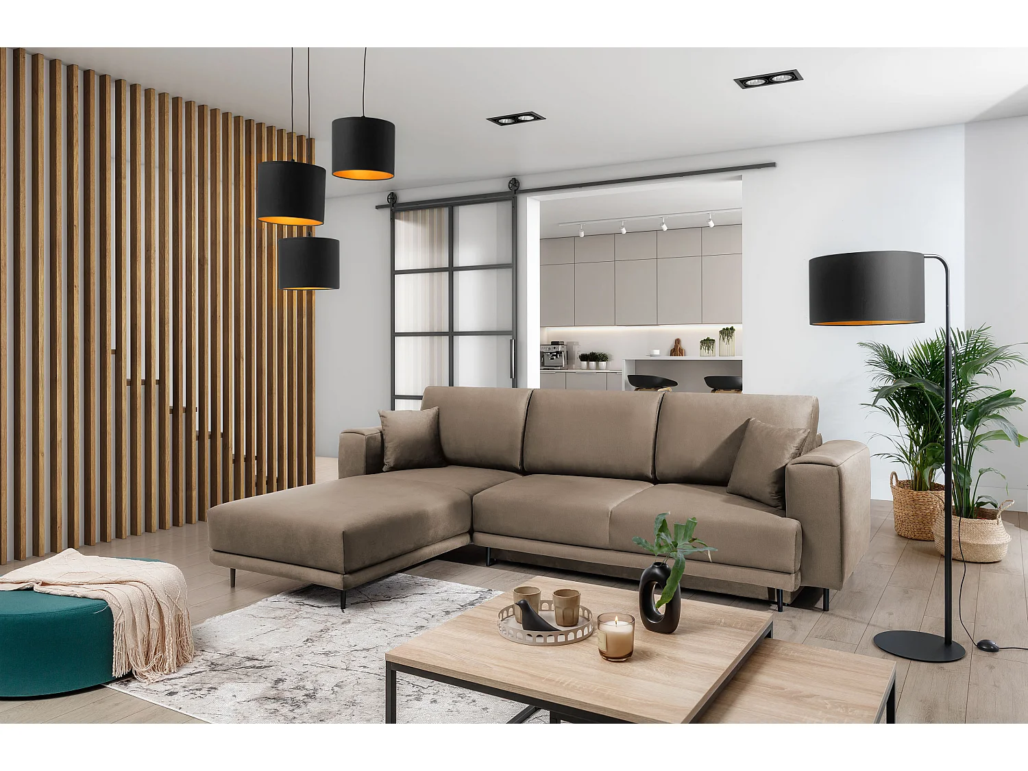 Canapé d'angle convertible velours DAVINA - Coffre et pieds métal noir-Marron clair-angle gauche