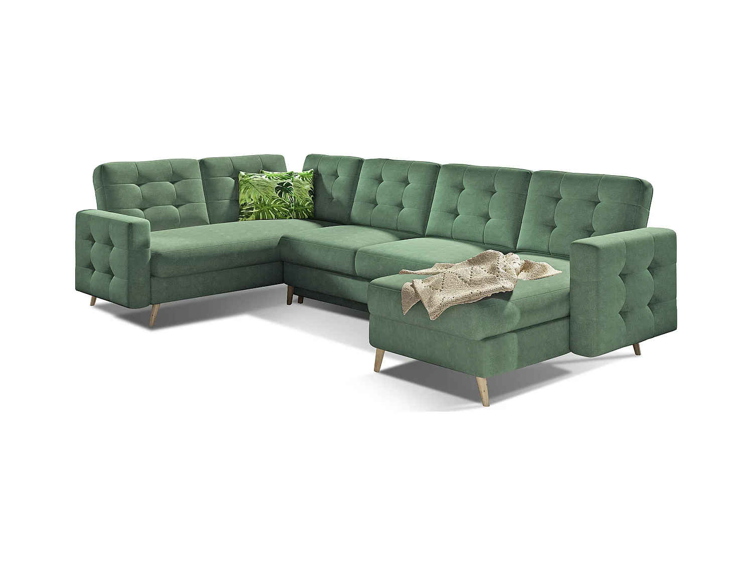 Canapé panoramique convertible ANSKA en tissu - Pieds bois naturel-Vert amande