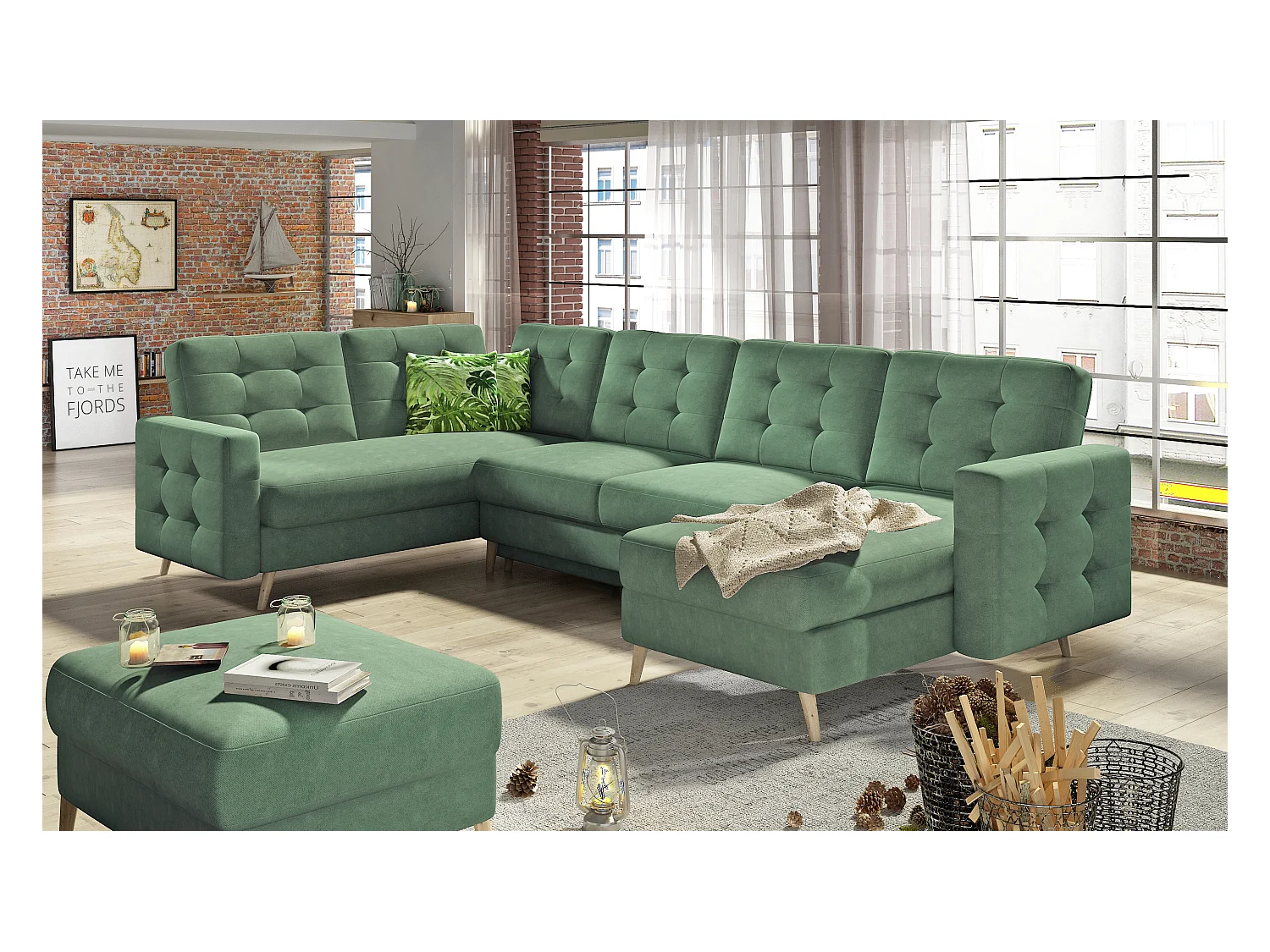 Canapé panoramique convertible ANSKA en tissu - Pieds bois naturel-Vert amande