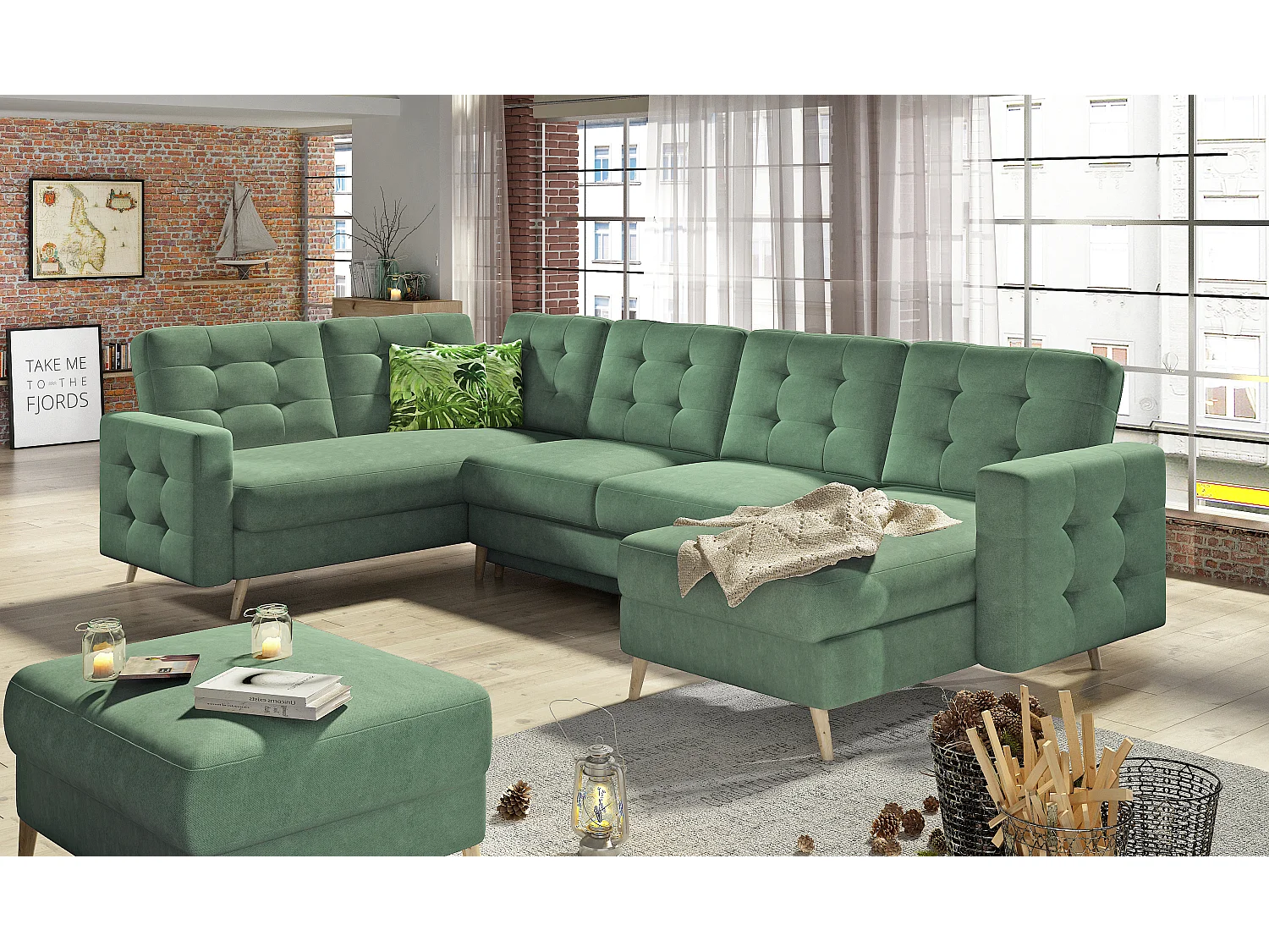 Canapé panoramique convertible ANSKA en tissu - Pieds bois naturel-Vert amande