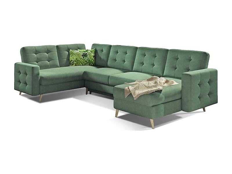 Canapé panoramique convertible ANSKA en tissu - Pieds bois naturel-Vert amande