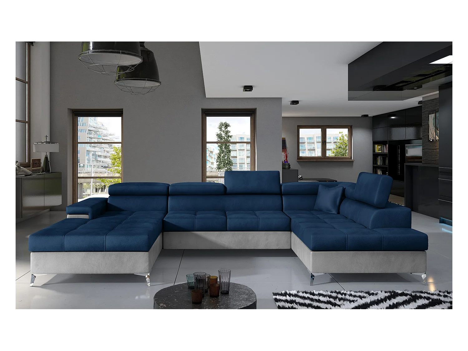 Canapé panoramique convertible KUTTY velours - Rangement et têtières réglables-Gris clair/Bleu-Coffre à droite