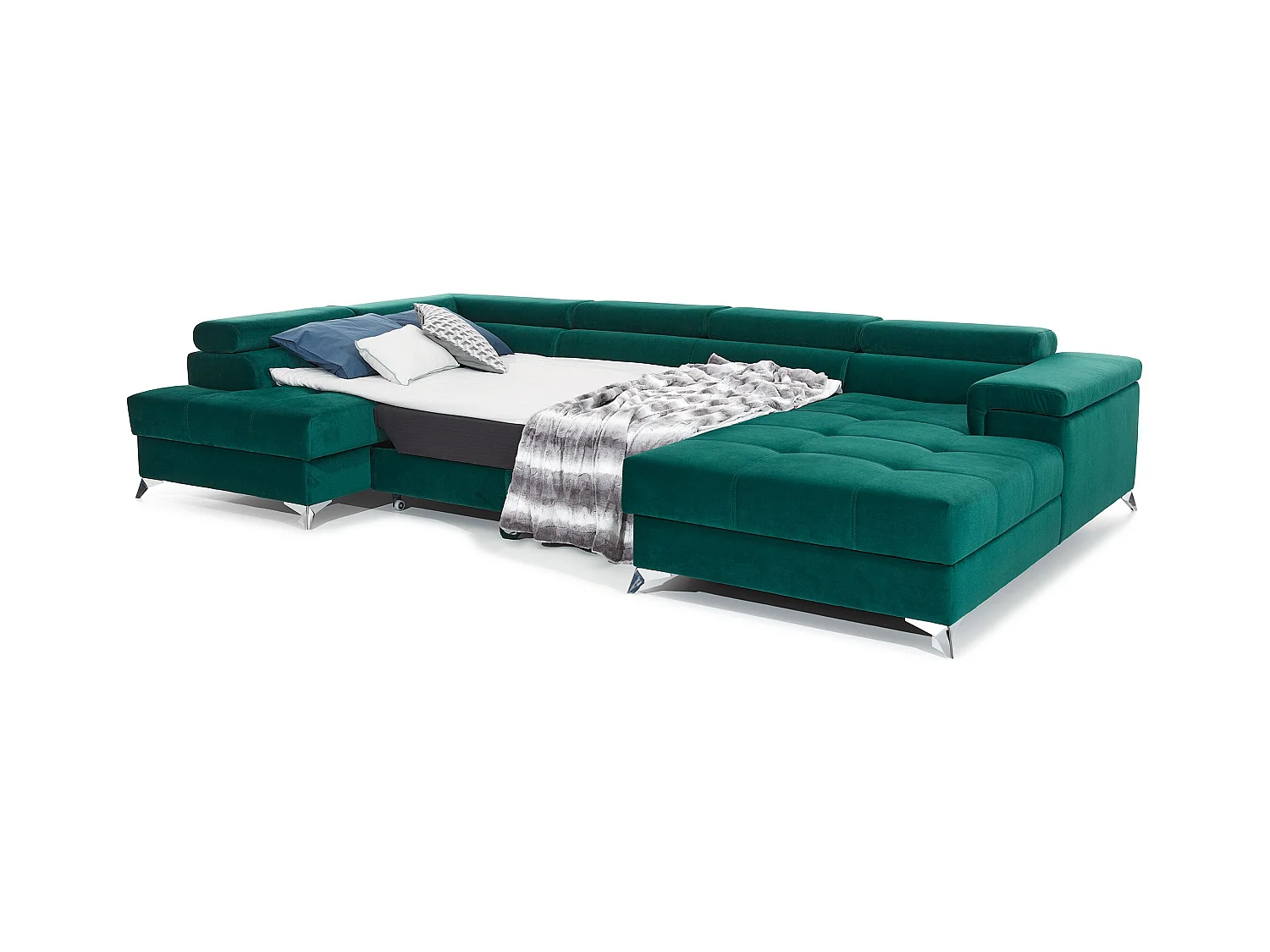 Canapé panoramique convertible KUTTY velours - Rangement et têtières réglables-Gris clair/Bleu-Coffre à droite