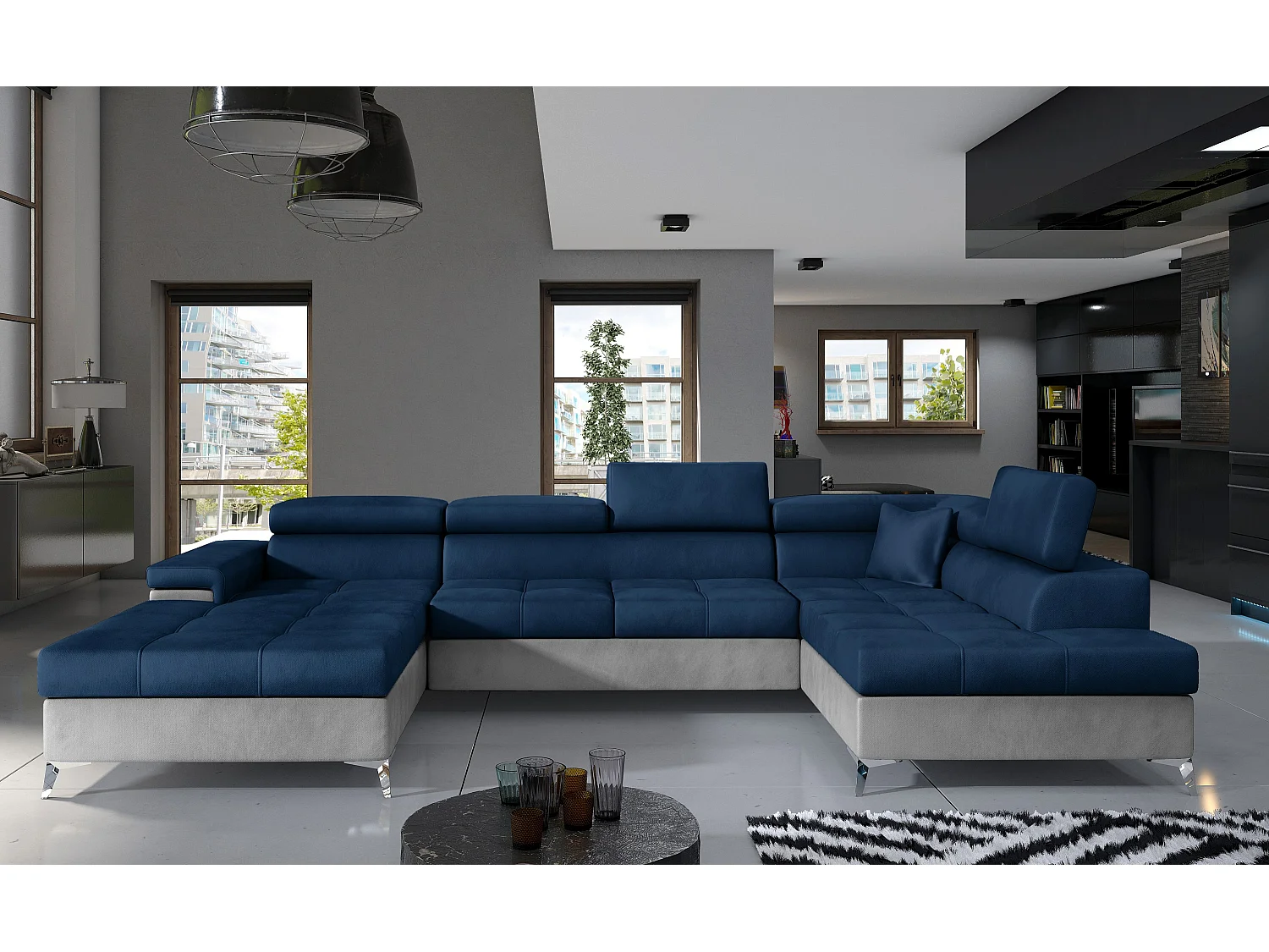 Canapé panoramique convertible KUTTY velours - Rangement et têtières réglables-Gris clair/Bleu-Coffre à droite