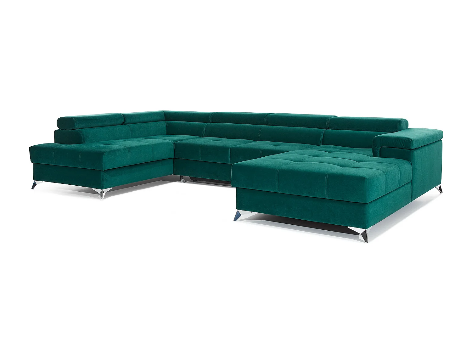 Canapé panoramique convertible KUTTY velours - Rangement et têtières réglables-Gris clair/Bleu-Coffre à droite