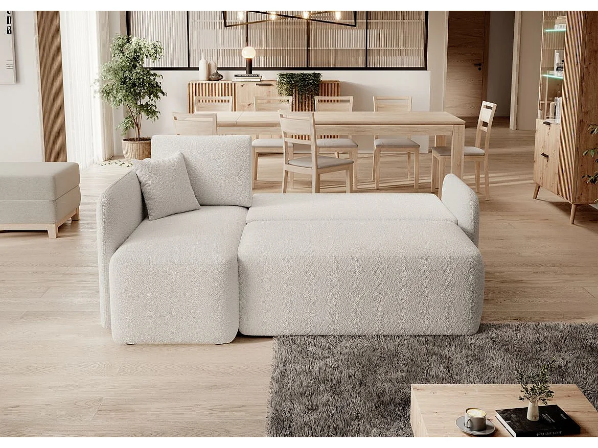 Petit canapé d'angle en tissu convertible avec coffre Takin 206cm-Blanc-angle gauche