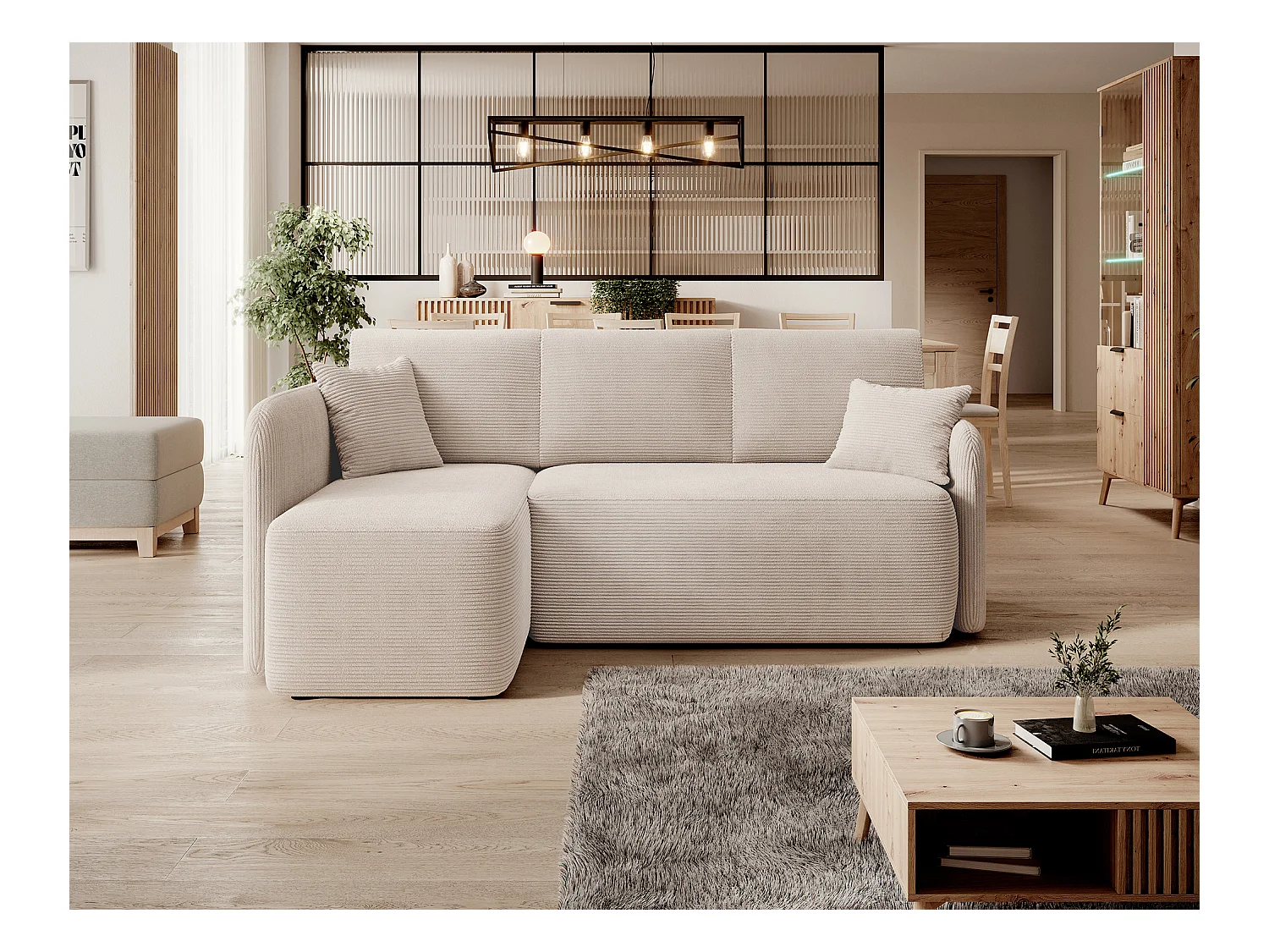 Petit canapé d'angle en tissu convertible avec coffre Takin 206cm-Beige-angle gauche