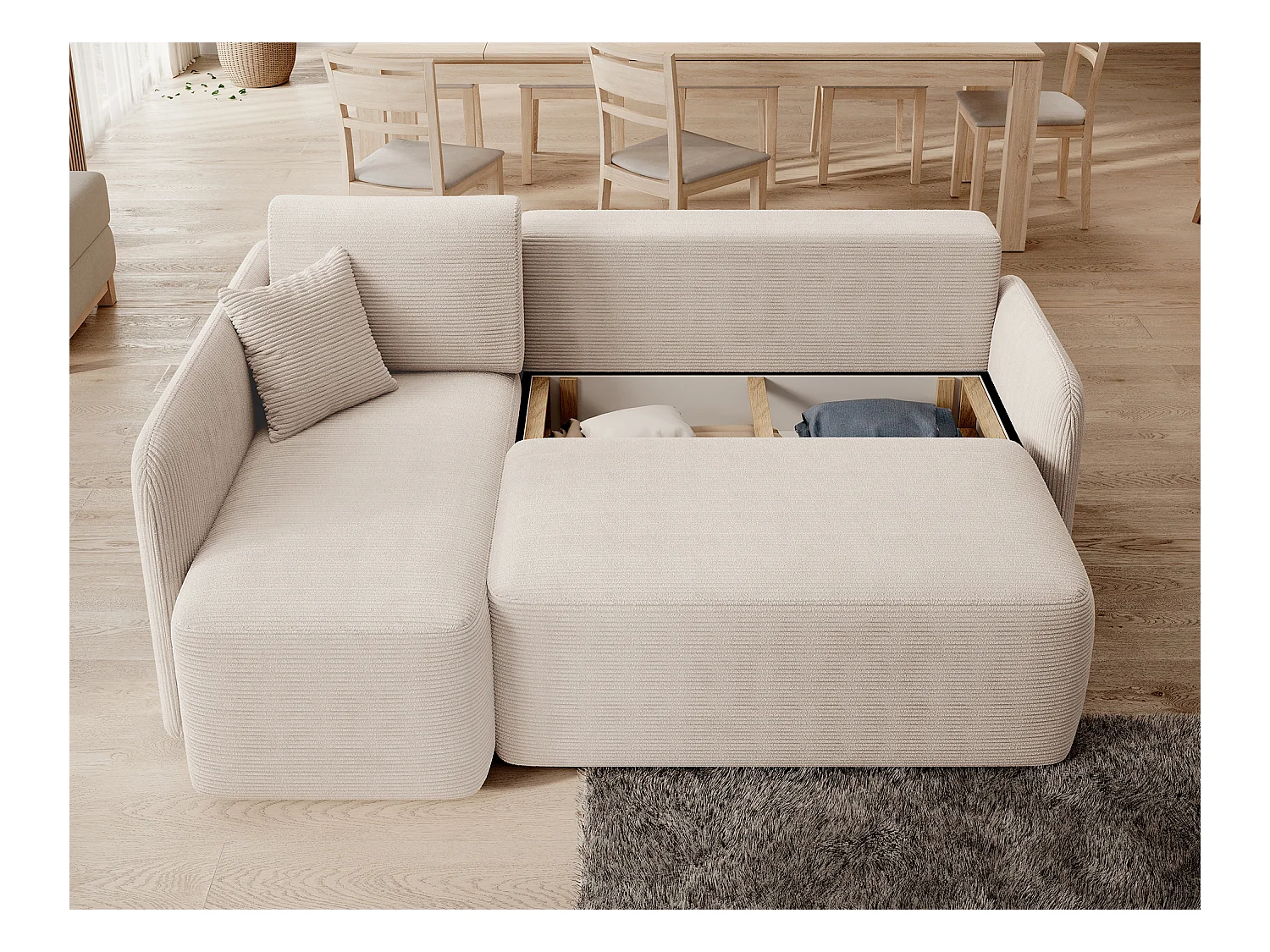 Petit canapé d'angle en tissu convertible avec coffre Takin 206cm-Beige-angle gauche