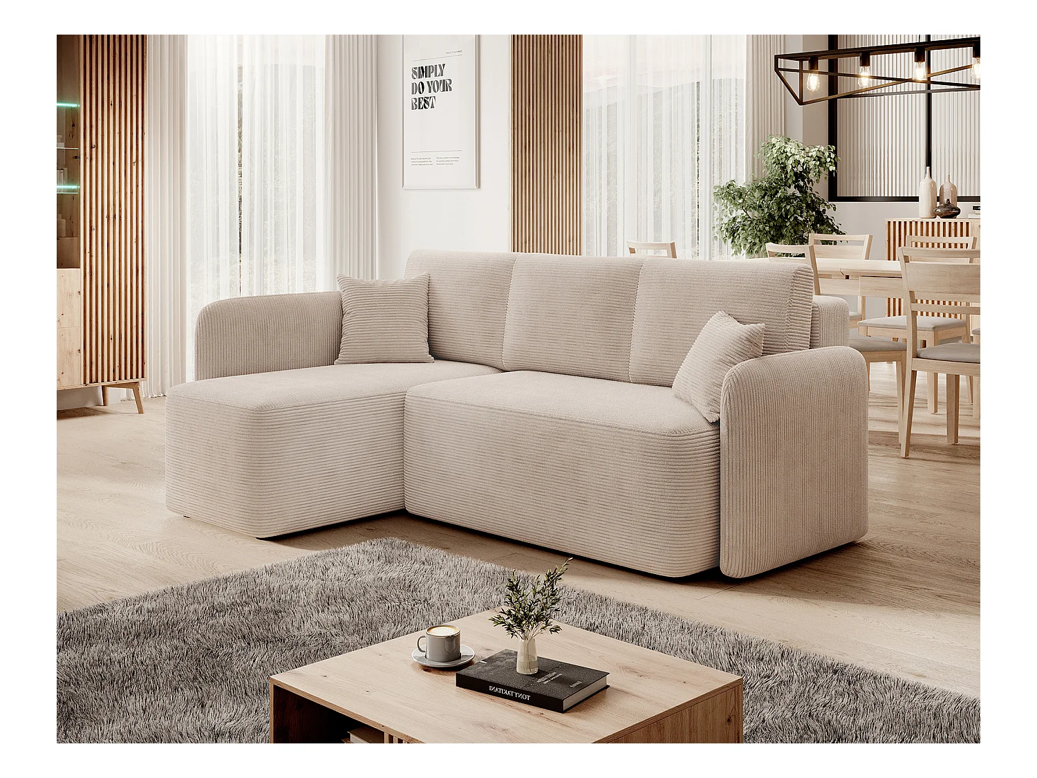 Petit canapé d'angle en tissu convertible avec coffre Takin 206cm-Beige-angle gauche