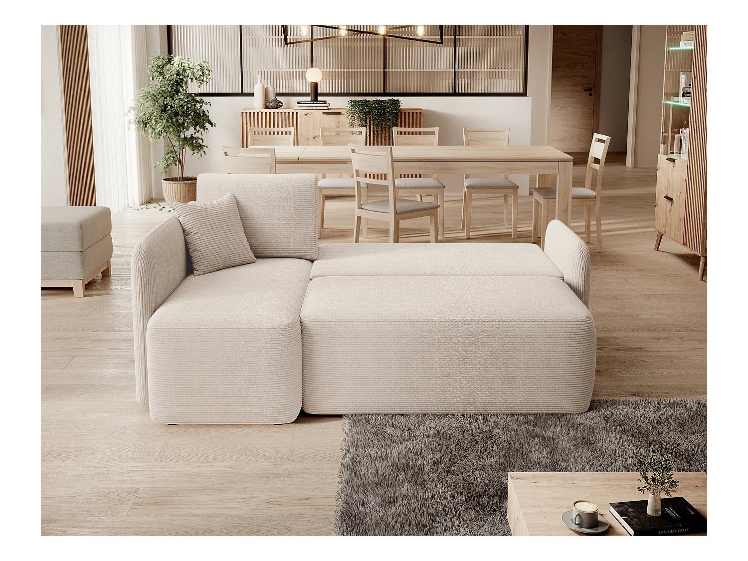 Petit canapé d'angle en tissu convertible avec coffre Takin 206cm-Beige-angle gauche