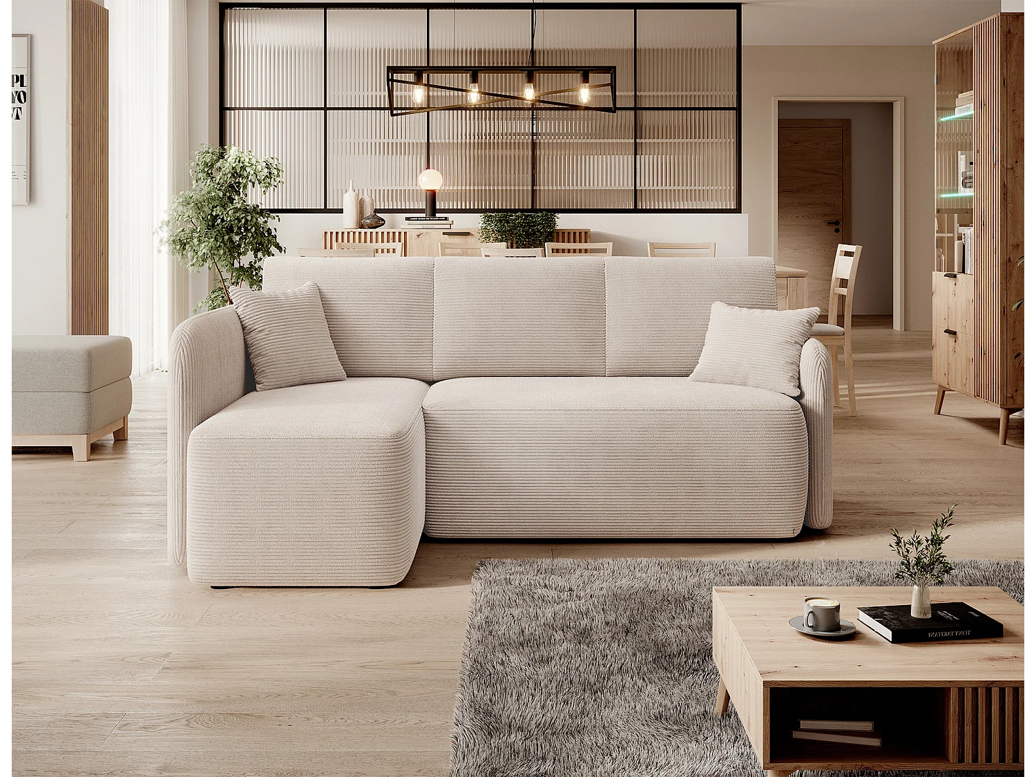 Canapé d'angle gauche convertible 3 places avec coffre en tissu beige