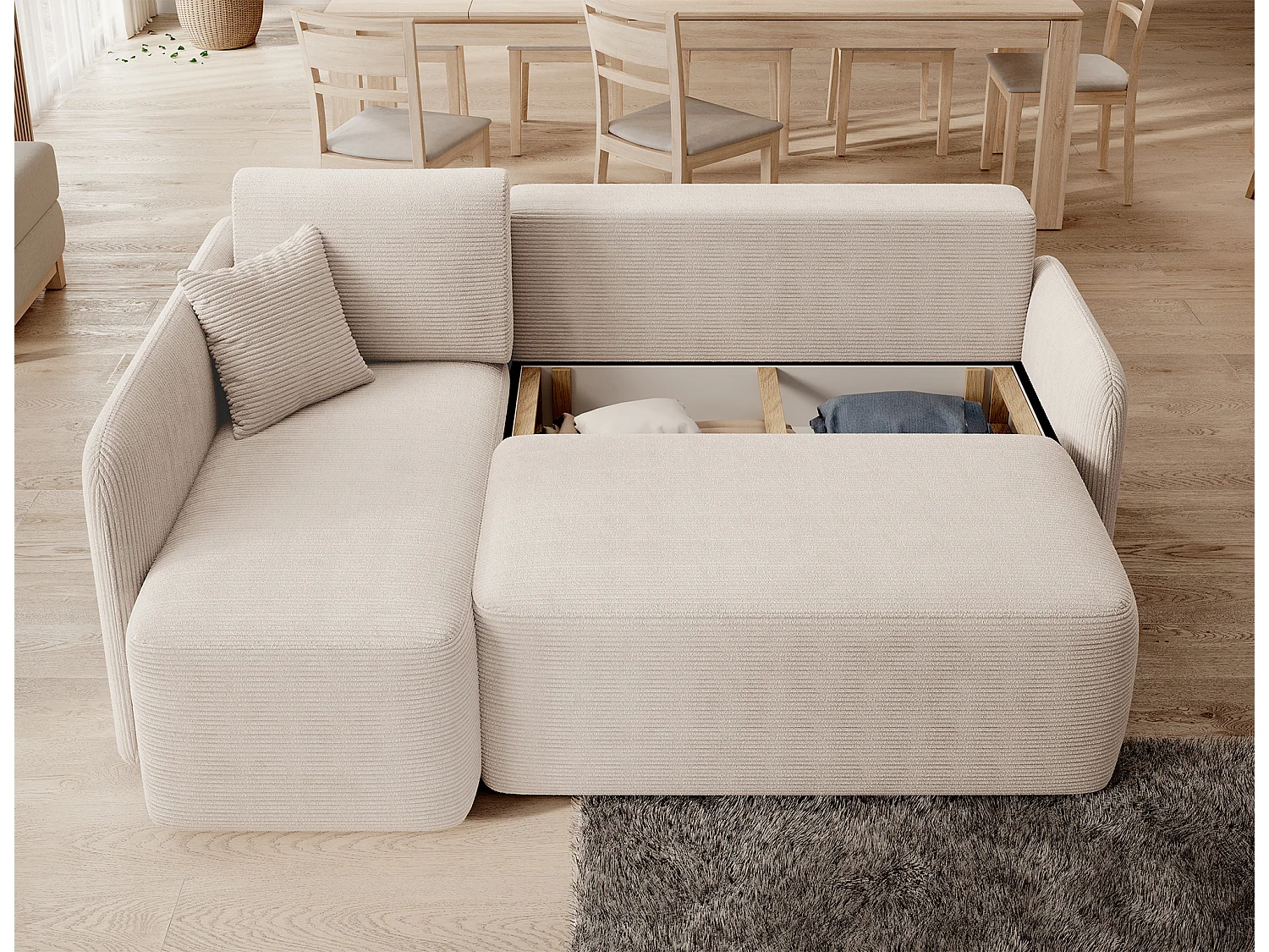 Canapé d'angle gauche convertible 3 places avec coffre en tissu beige