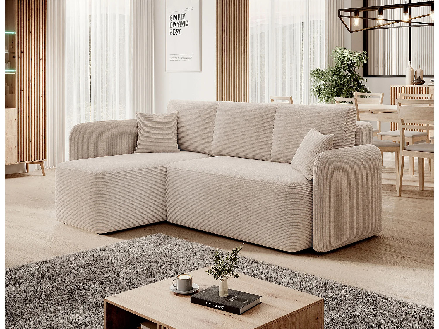 Canapé d'angle gauche convertible 3 places avec coffre en tissu beige