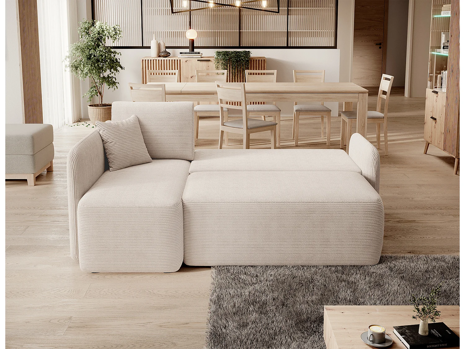 Canapé d'angle gauche convertible 3 places avec coffre en tissu beige