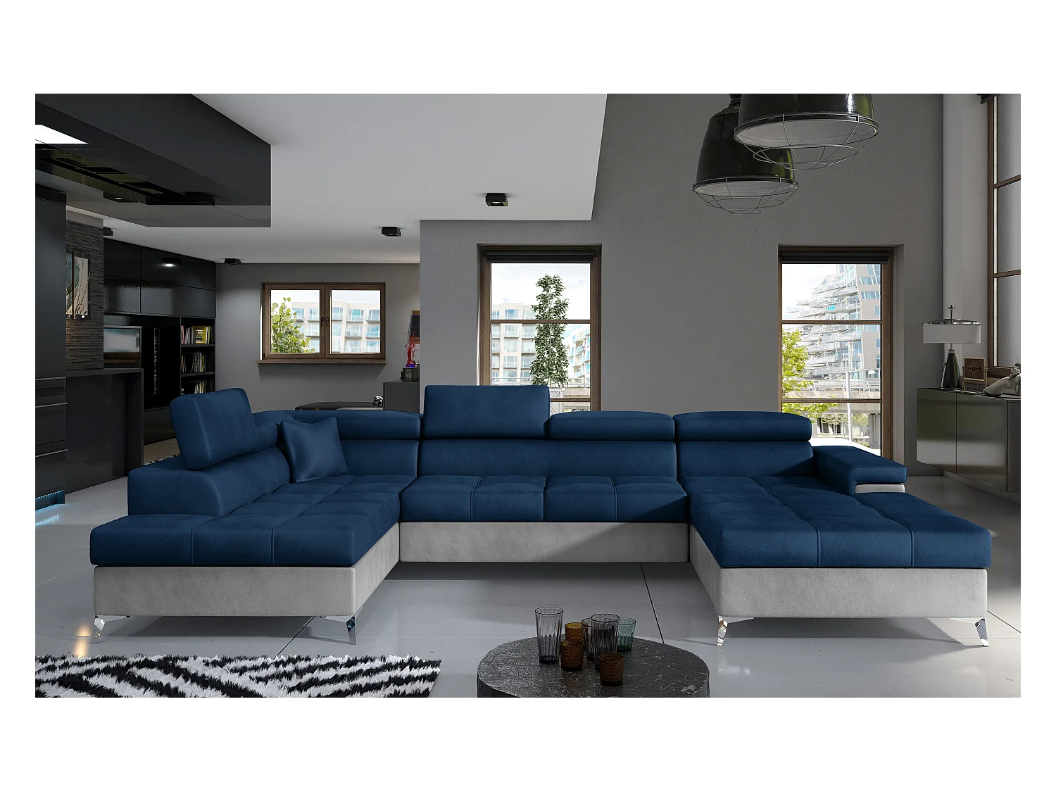 Canapé panoramique convertible KUTTY velours - Rangement et têtières réglables-Gris clair/Bleu-Coffre à gauche