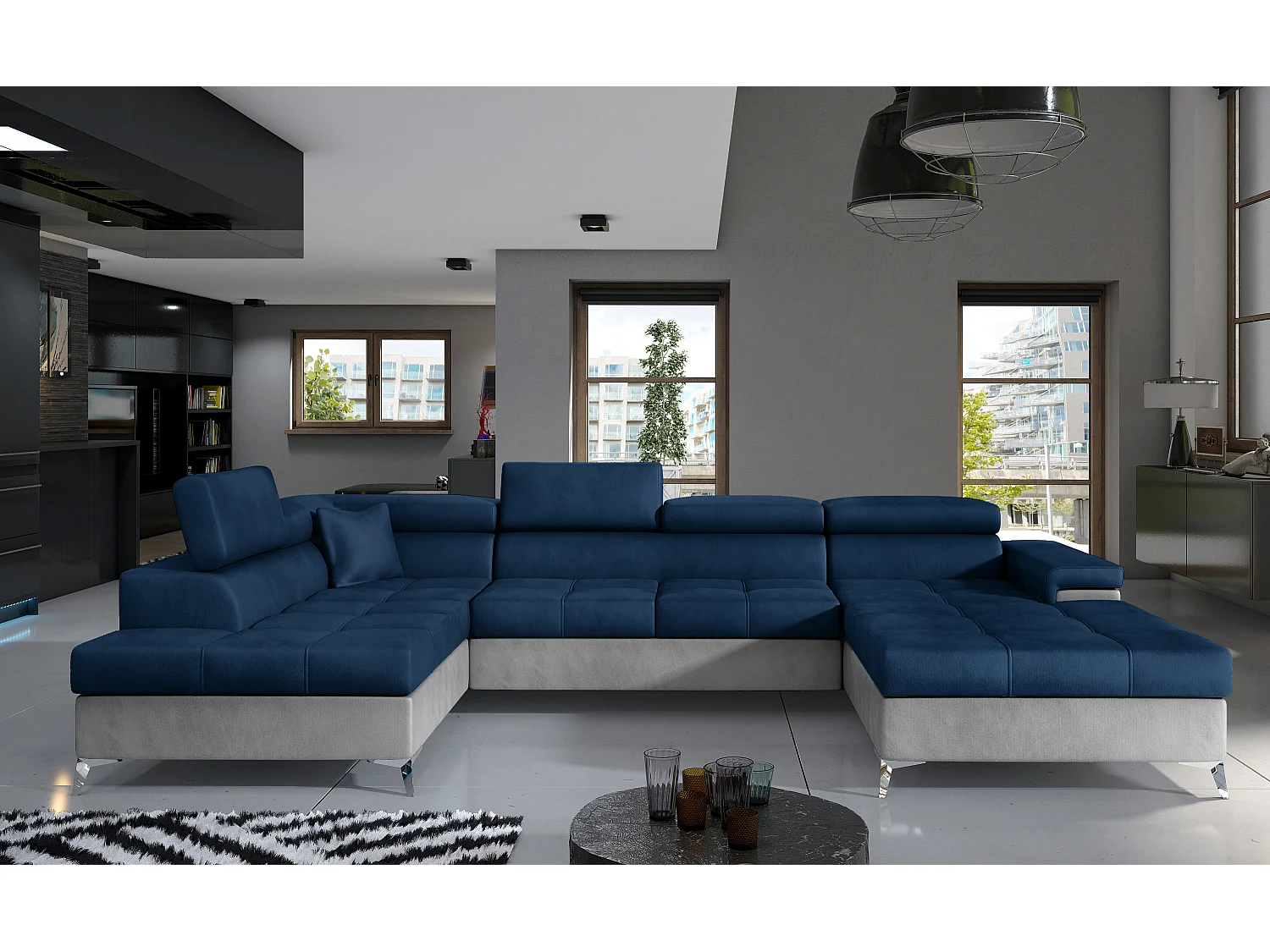 Canapé panoramique convertible KUTTY velours - Rangement et têtières réglables-Gris clair/Bleu-Coffre à gauche