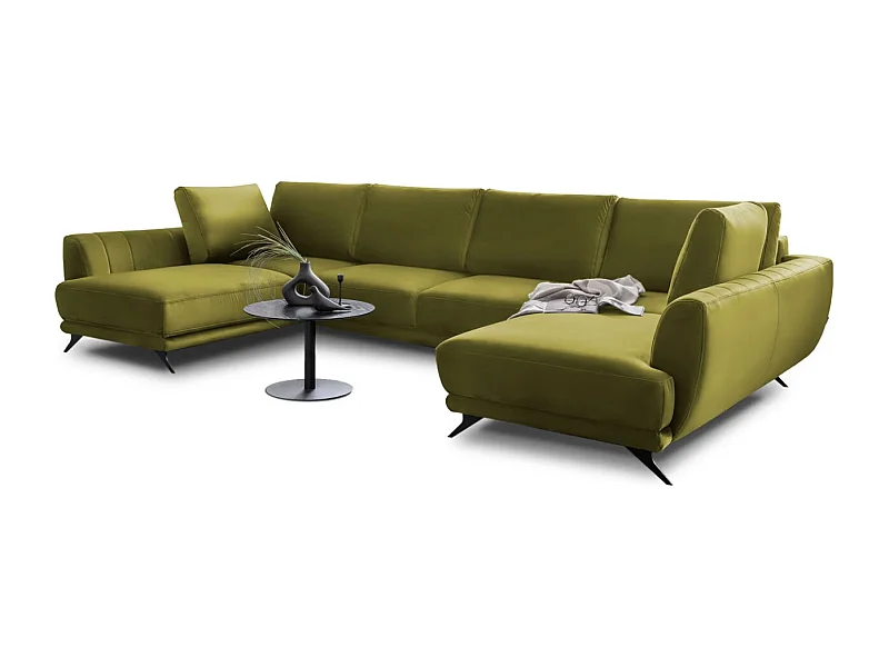 Canapé panoramique convertible LARGOS - Velours irrésistiblement douillet-Jaune olive