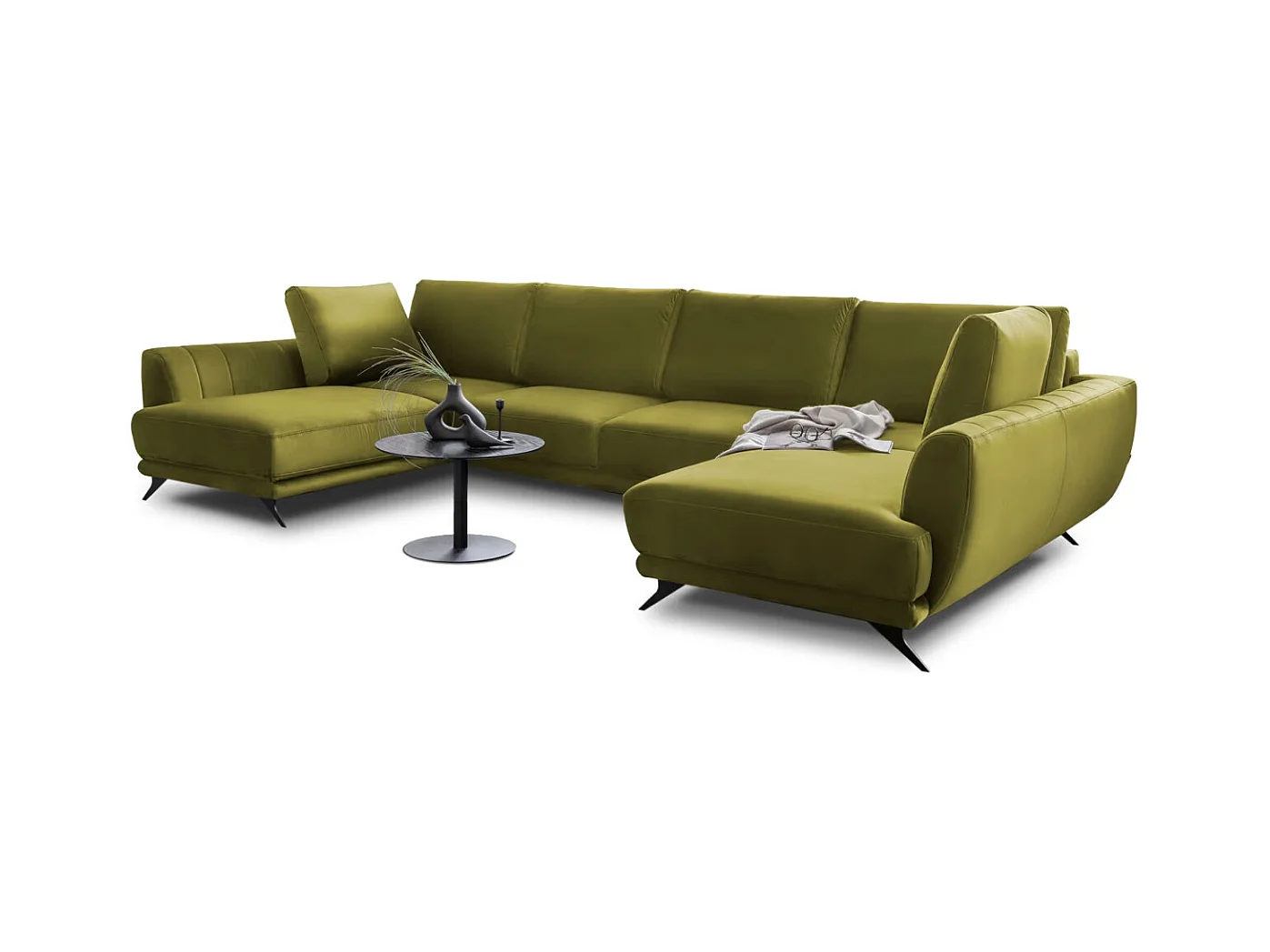 Canapé panoramique convertible LARGOS - Velours irrésistiblement douillet-Jaune olive