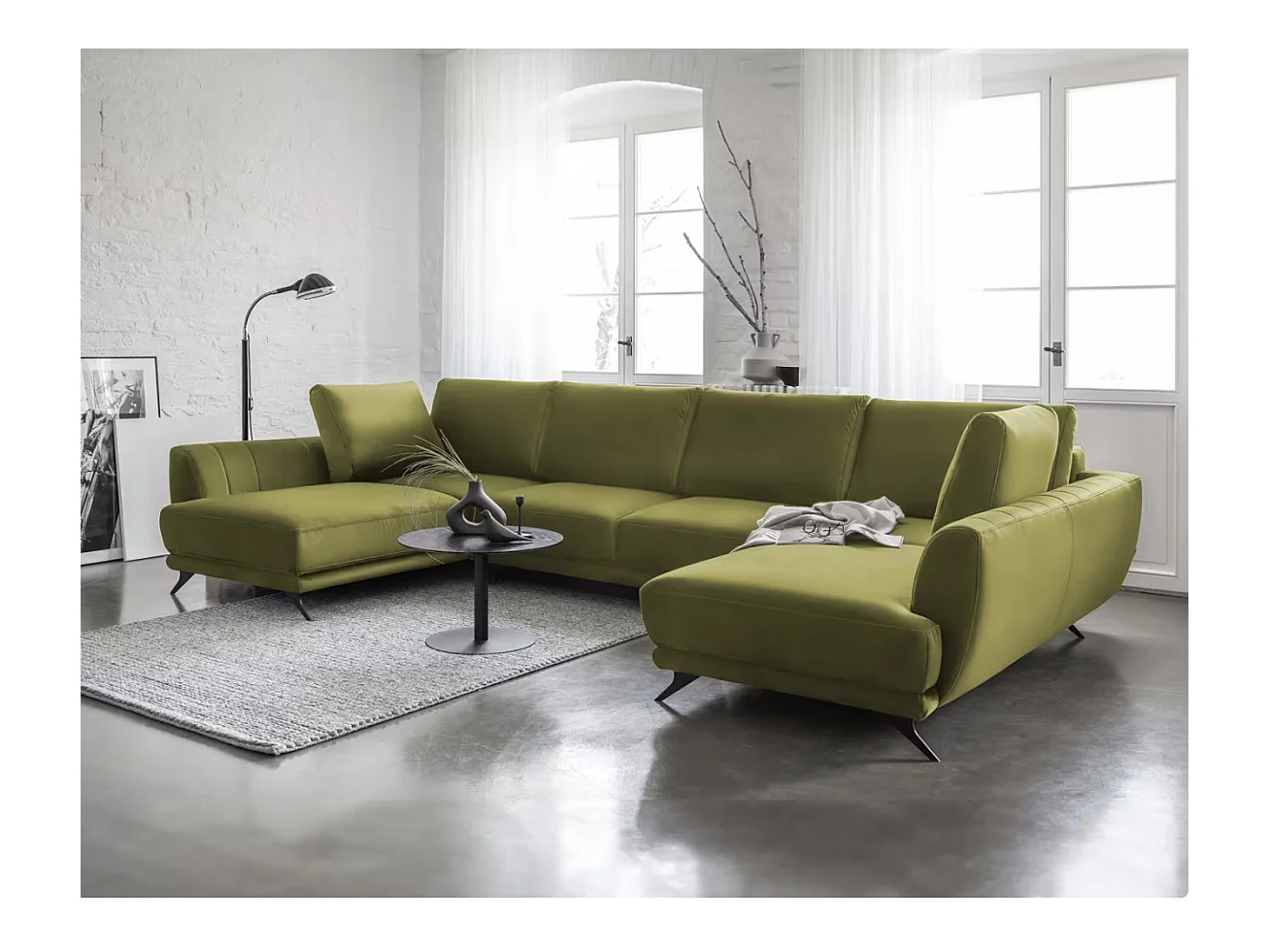 Canapé panoramique convertible LARGOS - Velours irrésistiblement douillet-Jaune olive