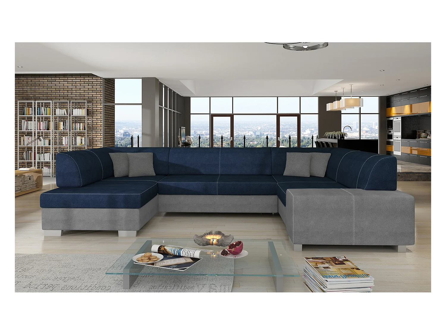 Canapé panoramique convertible HOUSTON en velours avec coffre de rangement-Gris clair/Bleu-Coffre à gauche