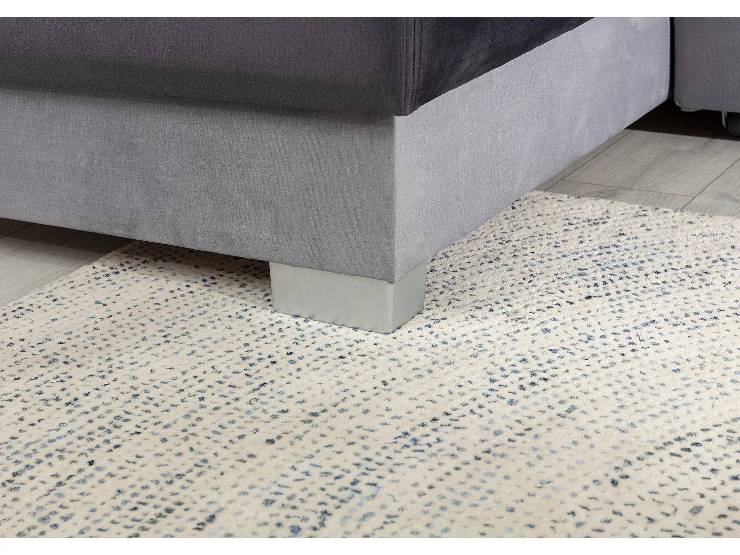 Canapé panoramique convertible HOUSTON en velours avec coffre de rangement-Gris clair/Bleu-Coffre à gauche