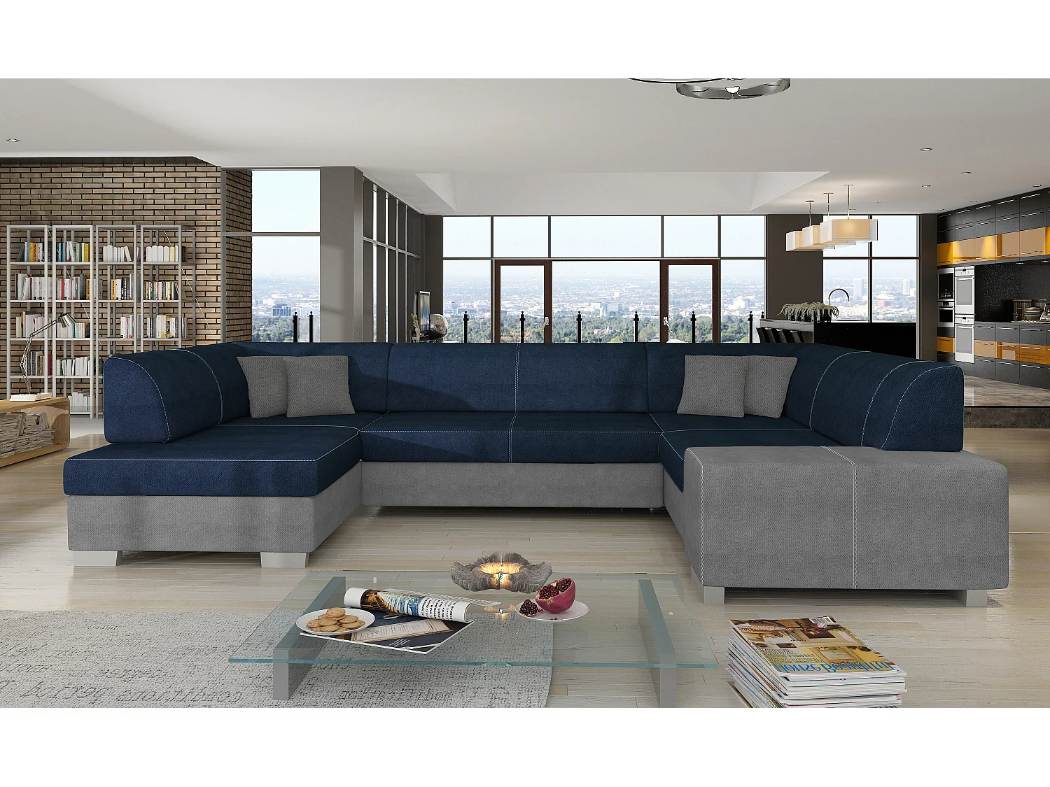 Canapé panoramique convertible HOUSTON en velours avec coffre de rangement-Gris clair/Bleu-Coffre à gauche