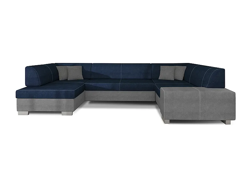 Canapé panoramique convertible HOUSTON en velours avec coffre de rangement-Gris clair/Bleu-Coffre à gauche